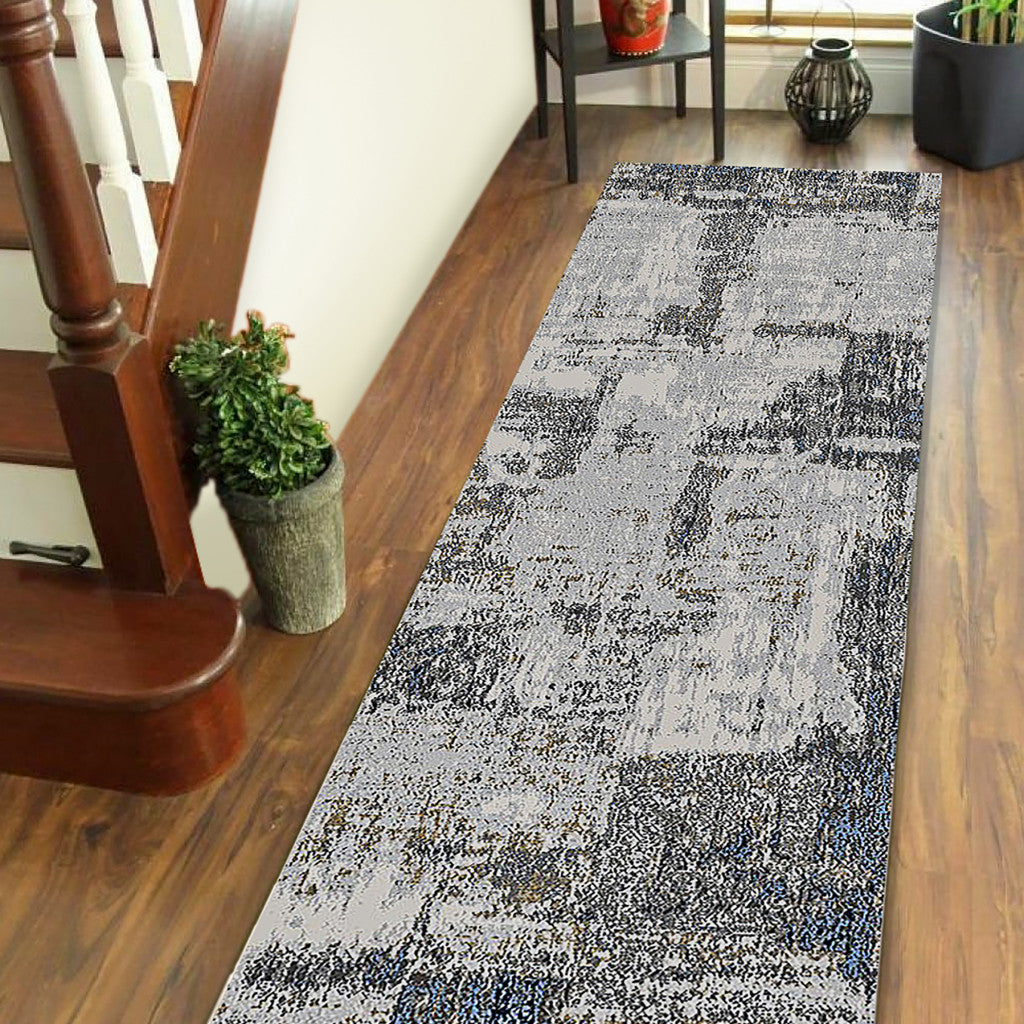 10' Gray and Blue Abstract Power Loom Runner Rug