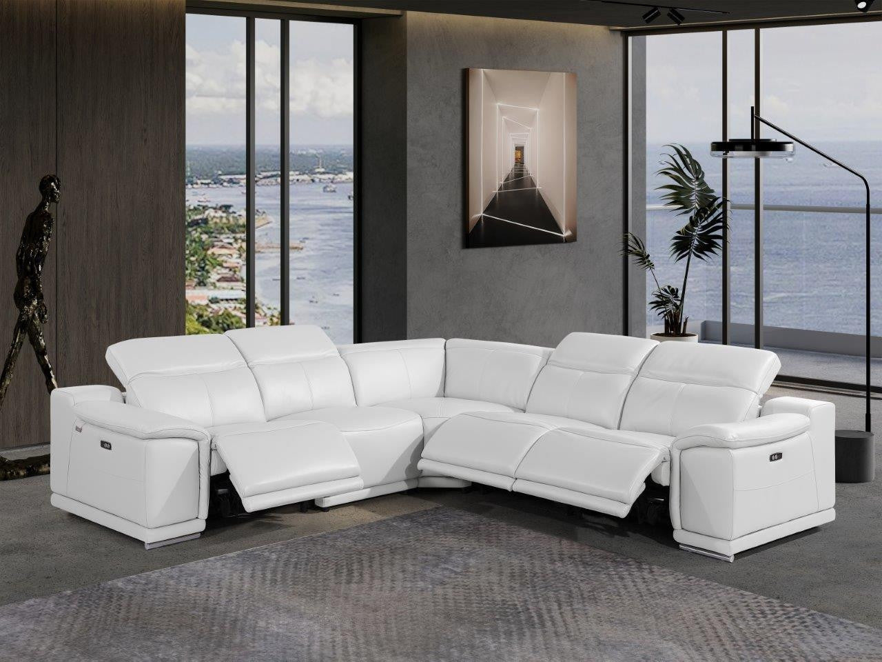 White Italian Leather Modular Curved Five Piece Reclining Sectional