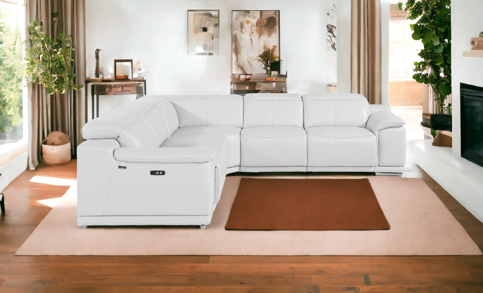 White Italian Leather Modular Curved Five Piece Reclining Sectional