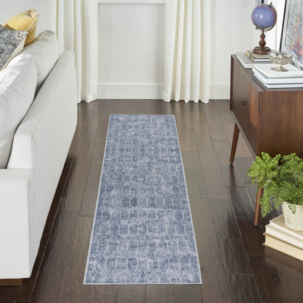 10' Blue and Off White Geometric Power Loom Washable Runner Rug