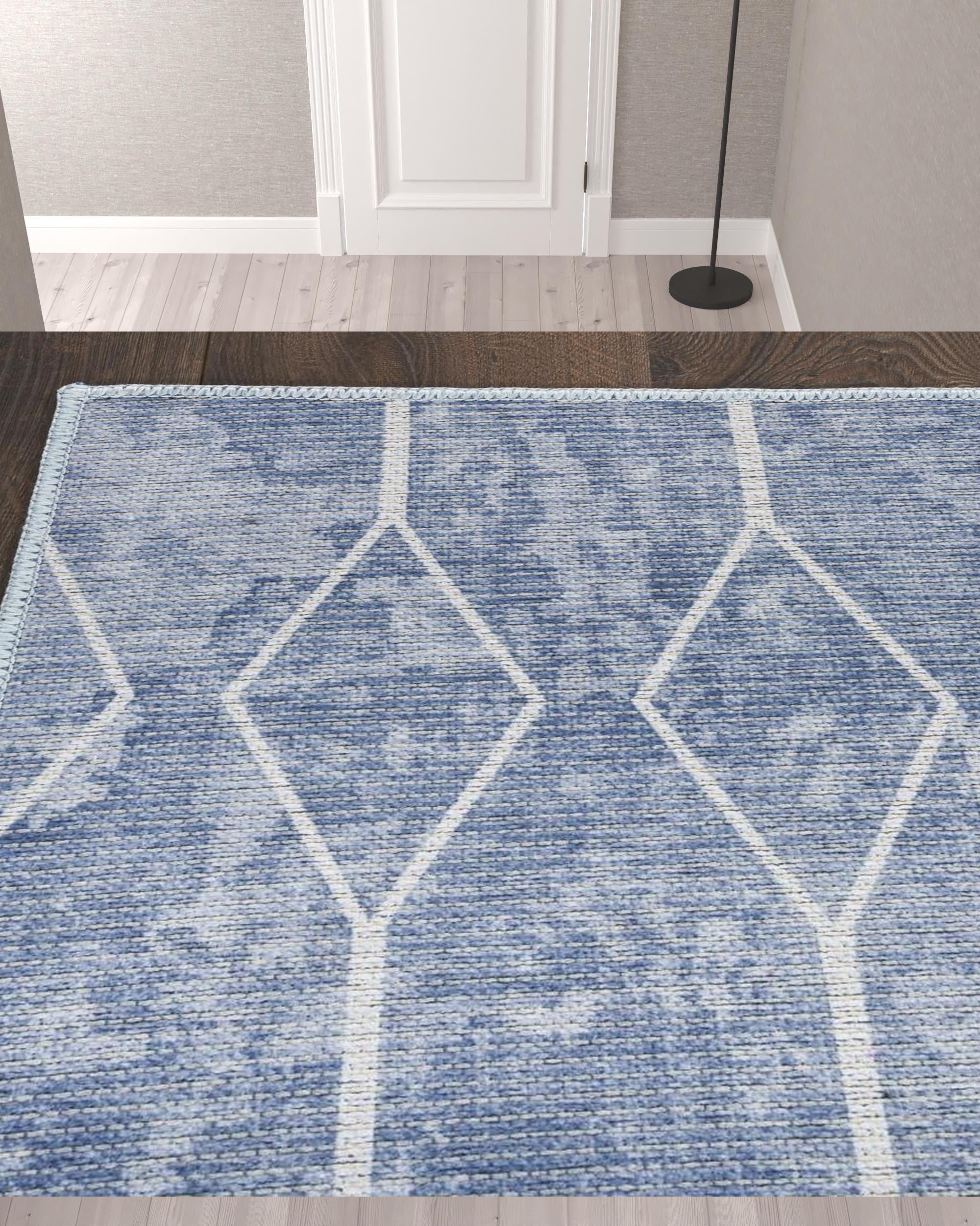 10' Blue and Off White Geometric Power Loom Washable Runner Rug