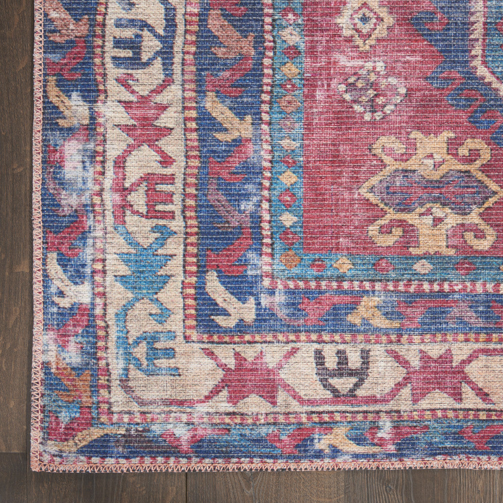 10' Blue and Red Floral Power Loom Distressed Washable Runner Rug