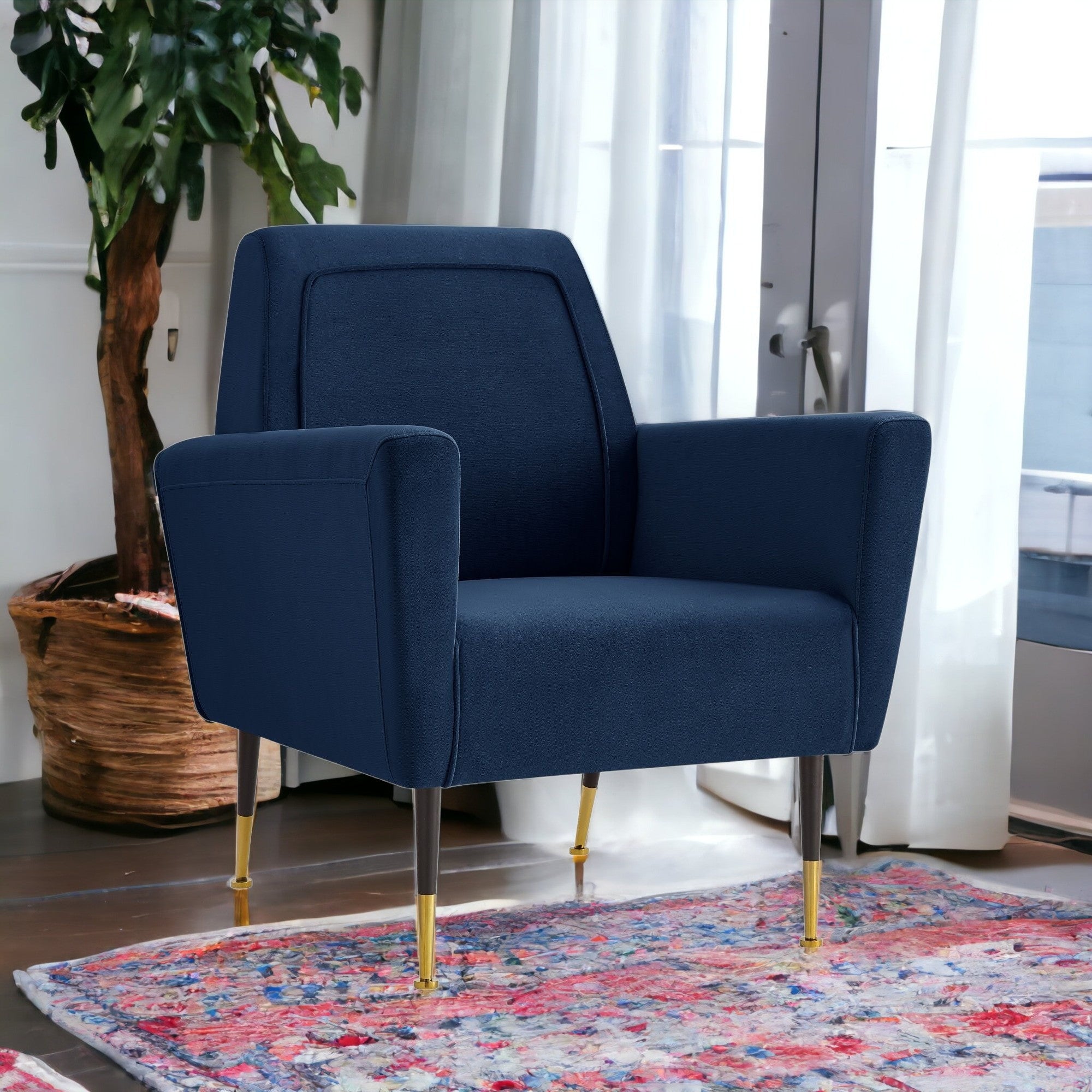 32" Navy Blue And Gold Velvet Arm Chair