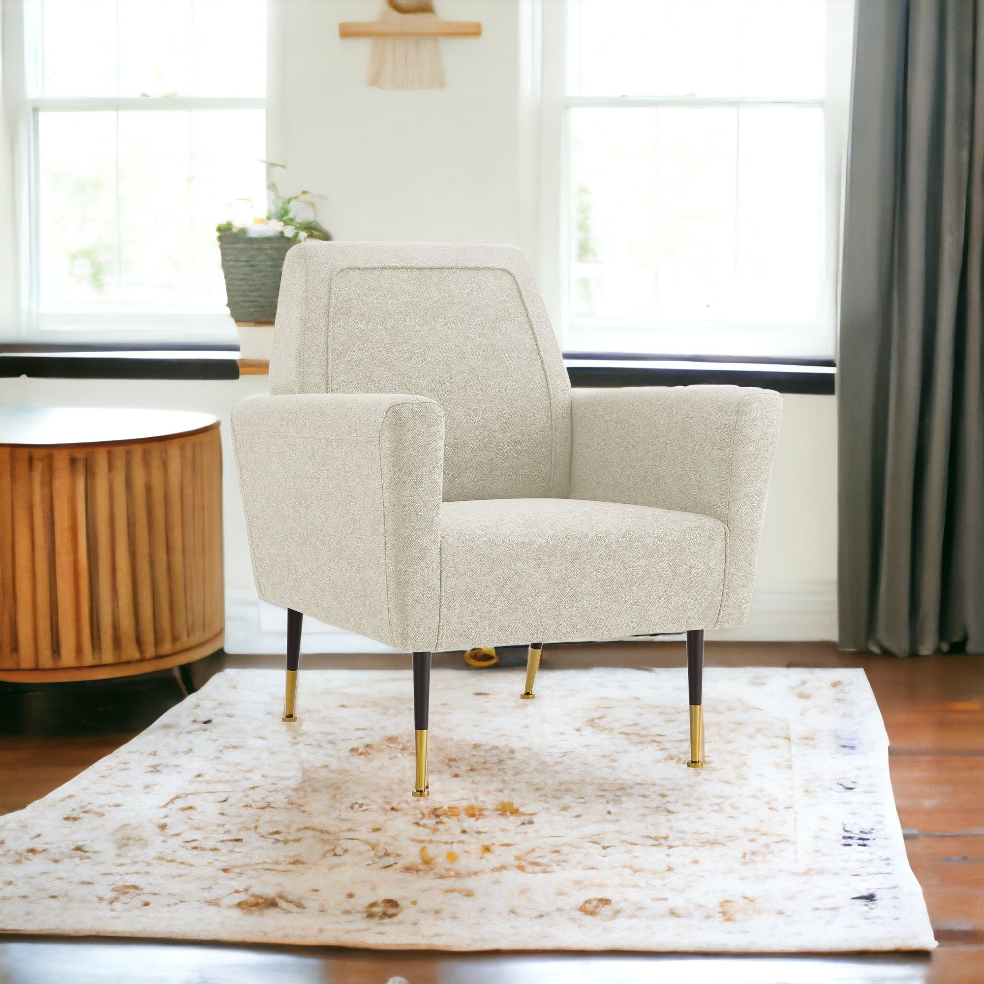 32" Beige And Gold Linen Arm Chair