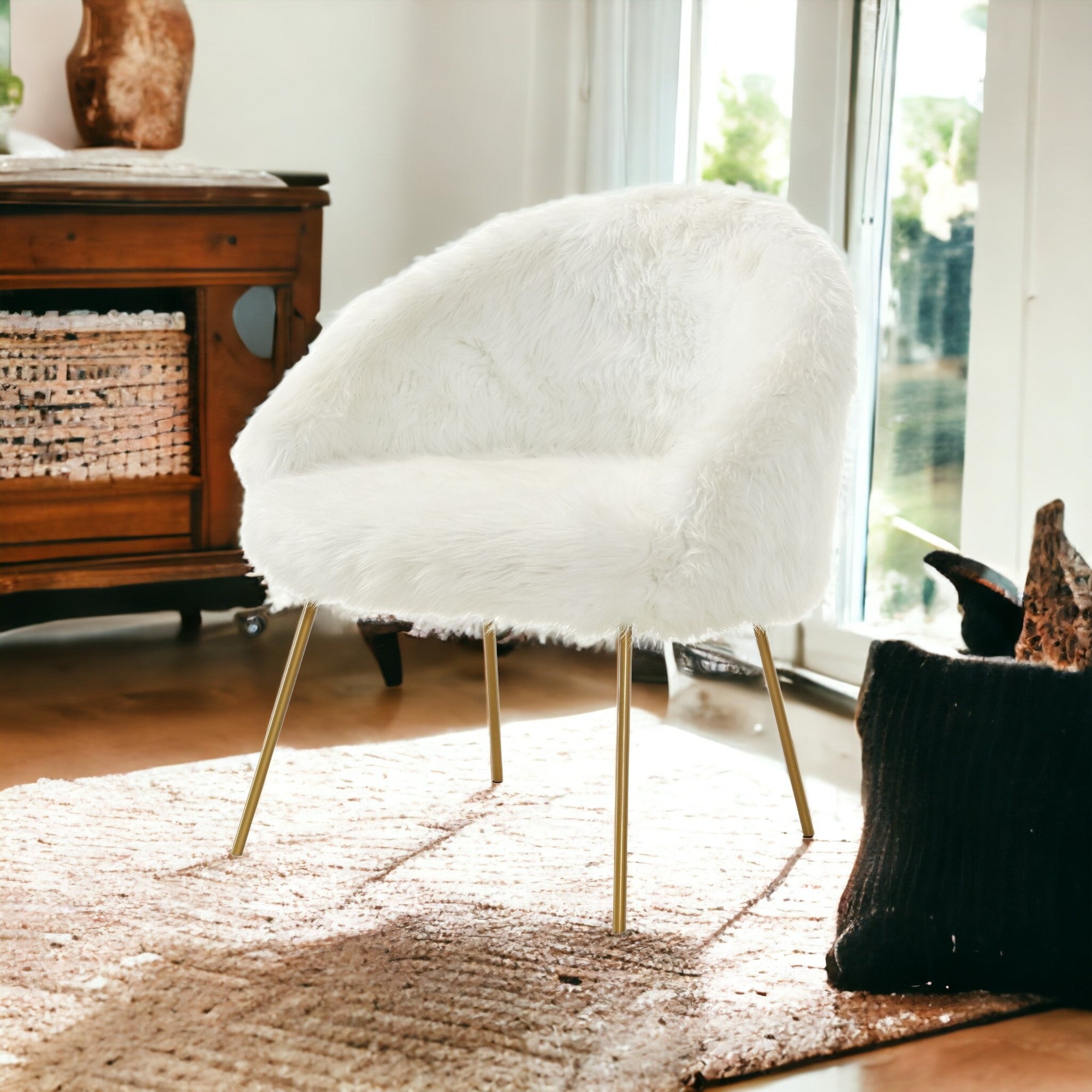 28" White And Gold Faux Fur Arm Chair