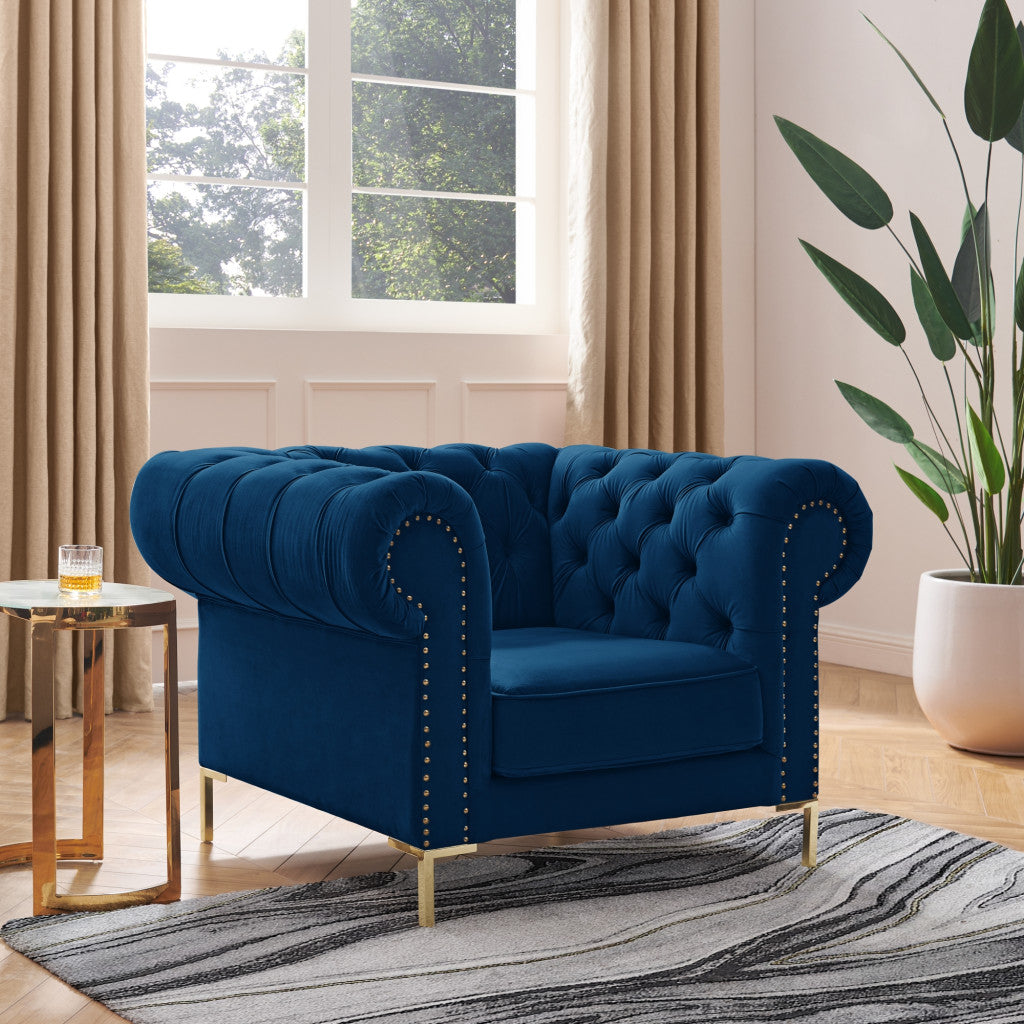 39" Navy Blue And Gold Velvet Tufted Chesterfield Chair