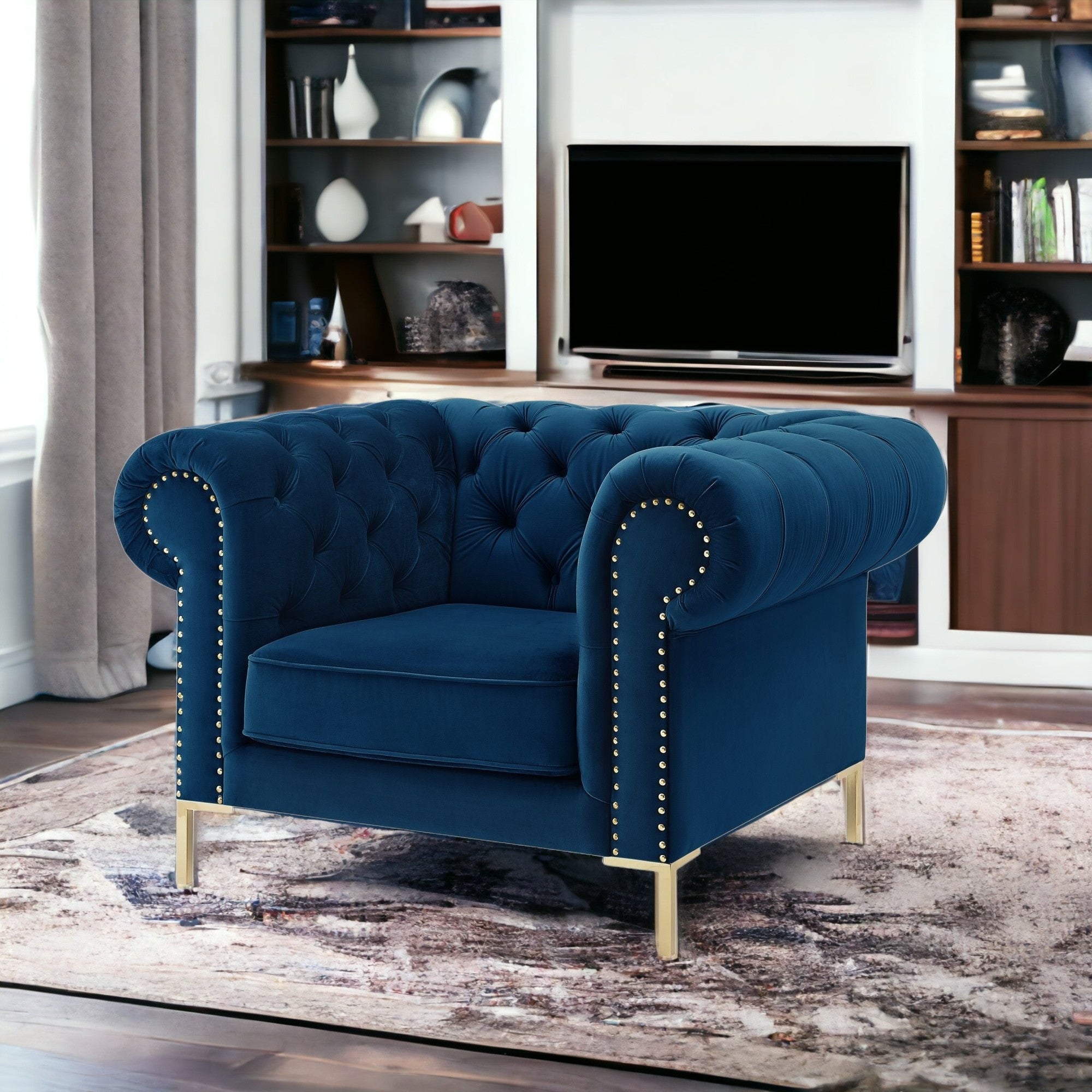 39" Navy Blue And Gold Velvet Tufted Chesterfield Chair