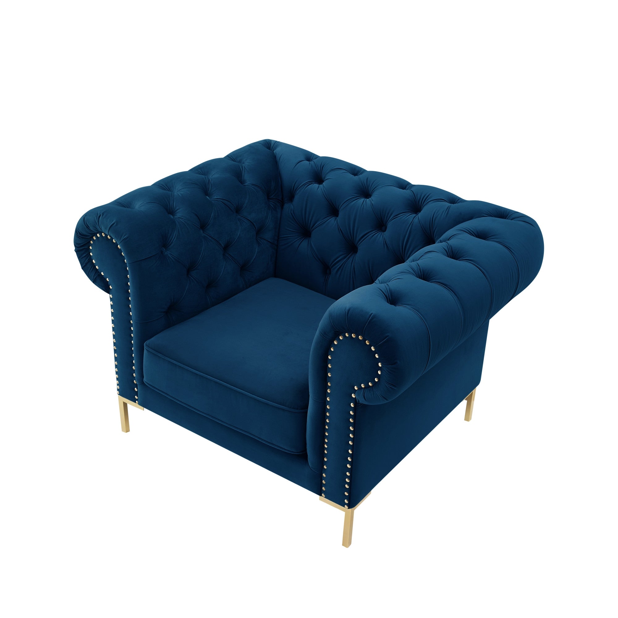 39" Navy Blue And Gold Velvet Tufted Chesterfield Chair