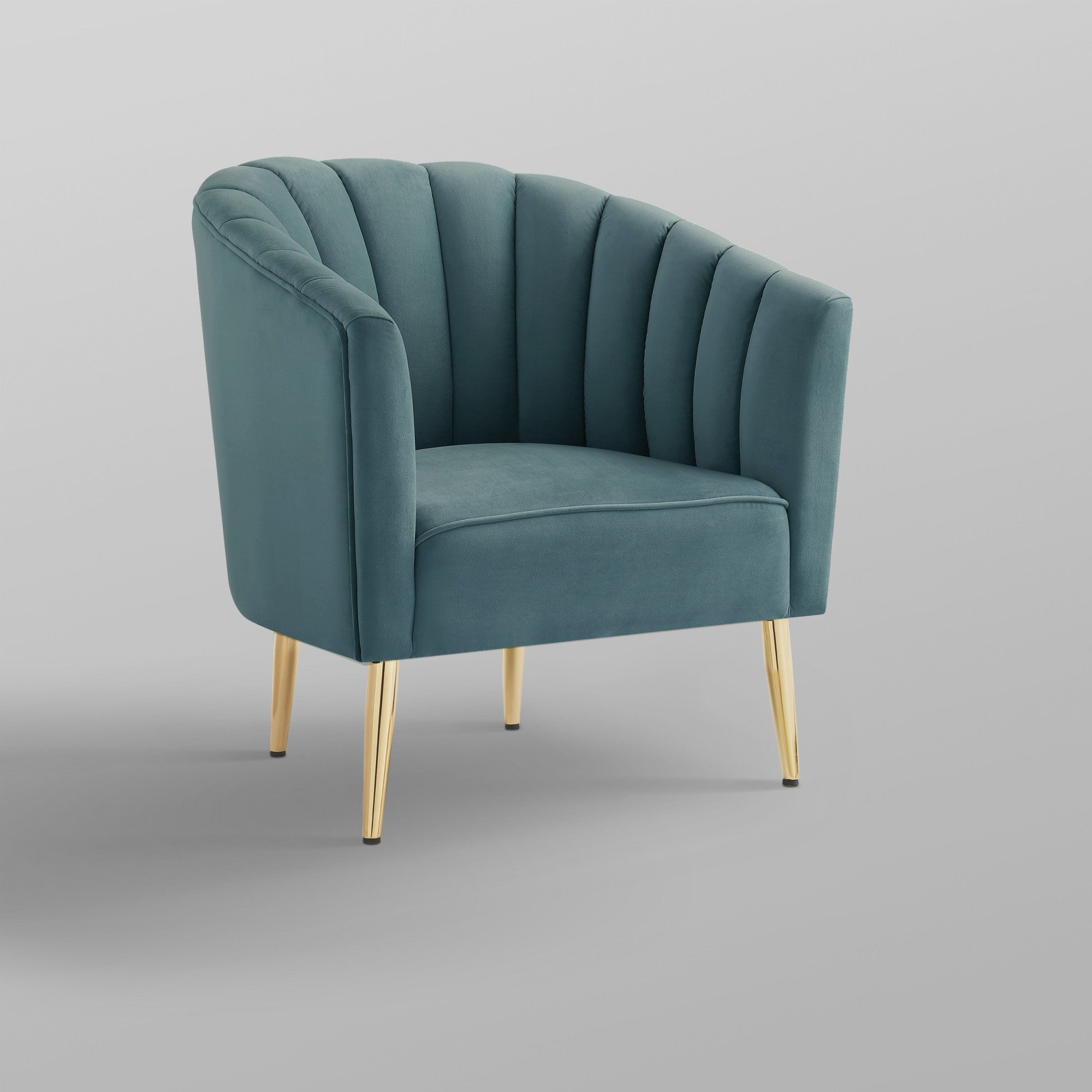 31" Teal Blue And Gold Velvet Tufted Barrel Chair