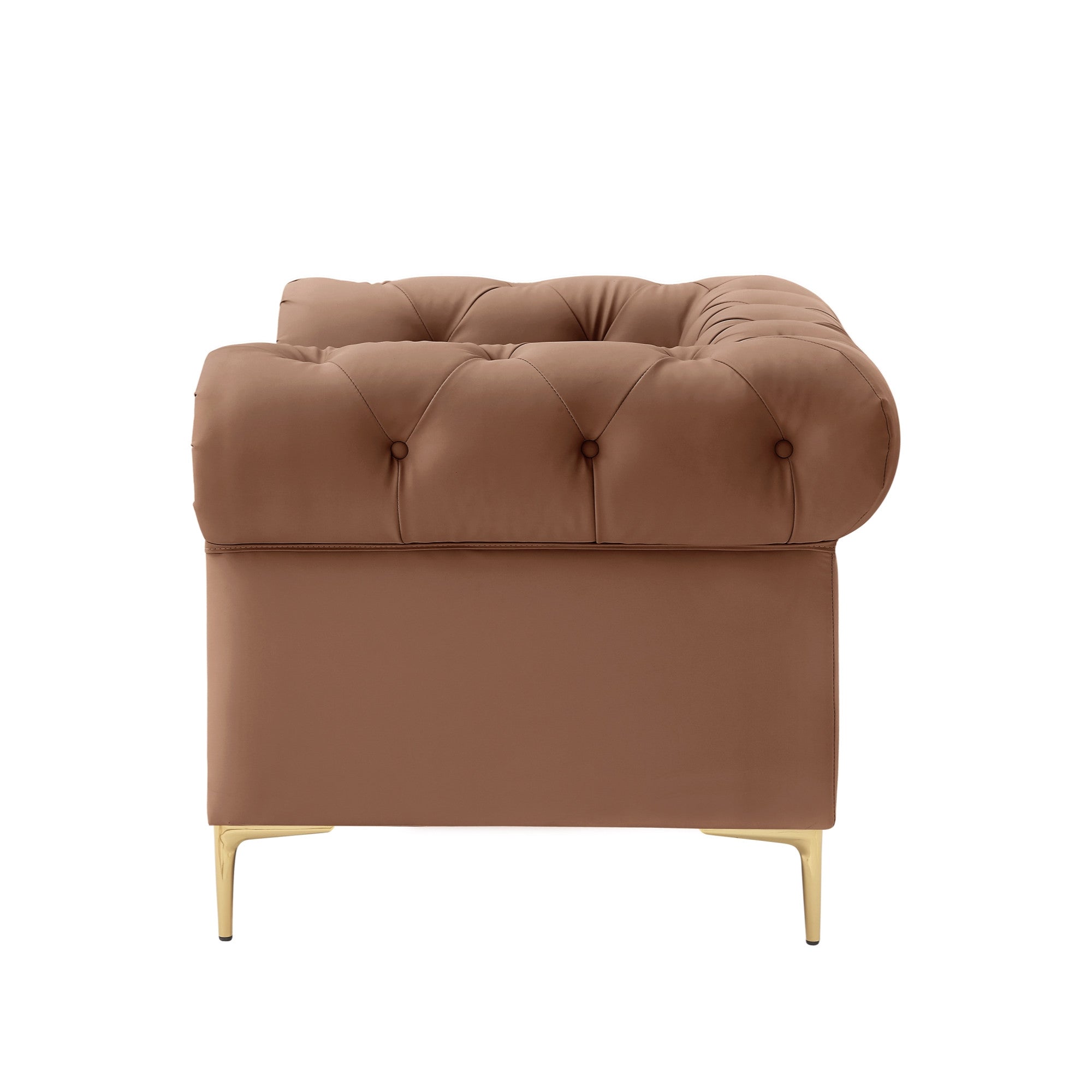 34" Camel And Gold Faux leather Tufted Chesterfield Chair