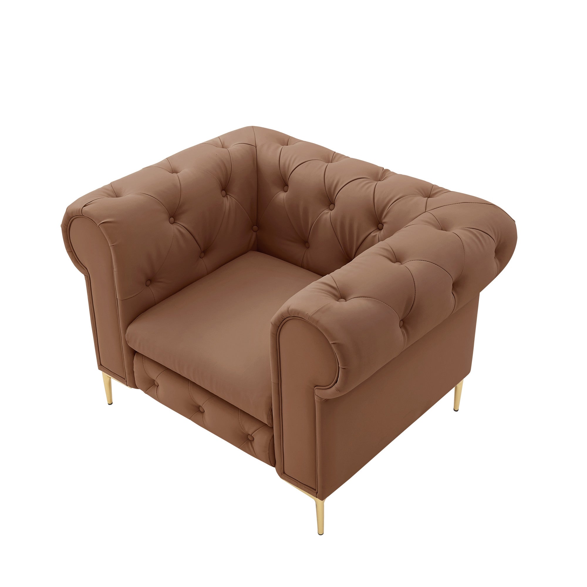 34" Camel And Gold Faux leather Tufted Chesterfield Chair