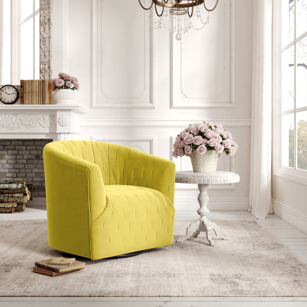 31" Yellow And Black Velvet Tufted Swivel Barrel Chair