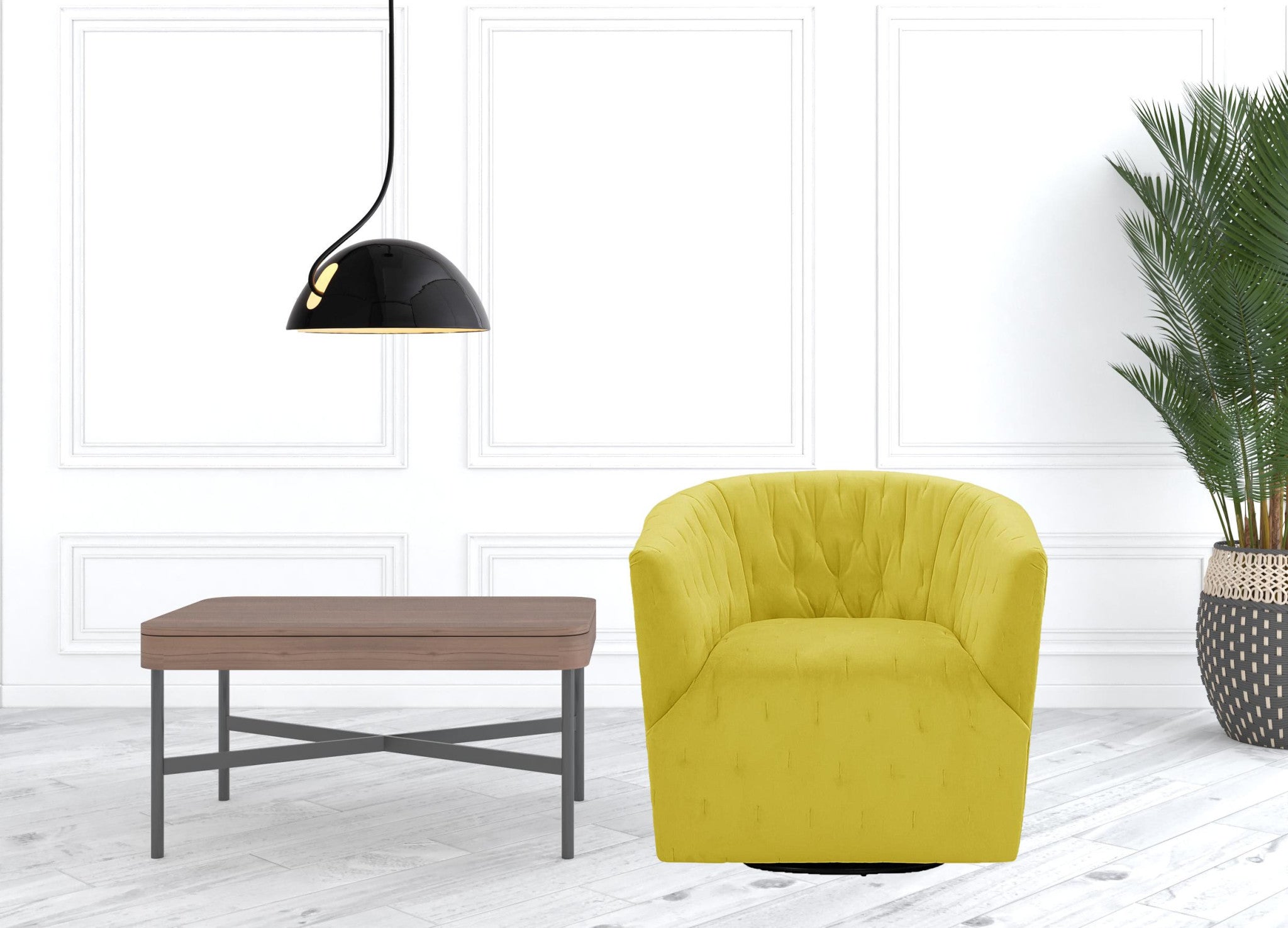 31" Yellow And Black Velvet Tufted Swivel Barrel Chair