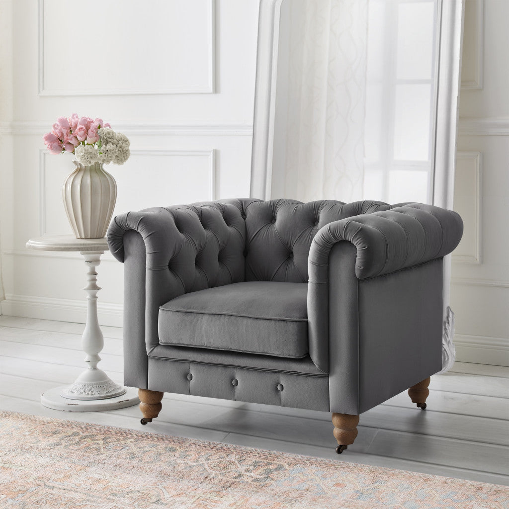 34" Dark Gray And Brown Velvet Tufted Chesterfield Chair