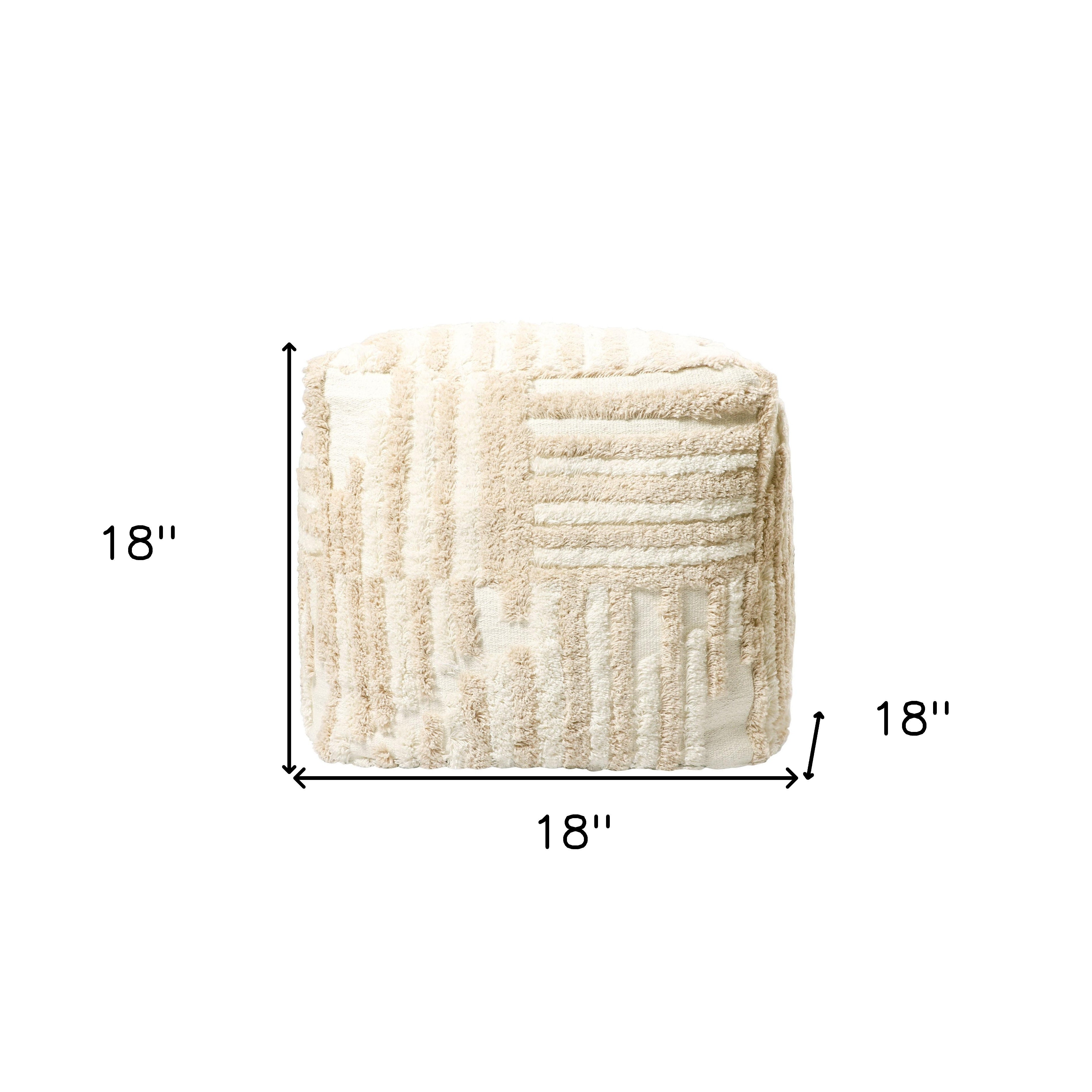 18" Beige Cotton Cube Striped Pouf Ottoman