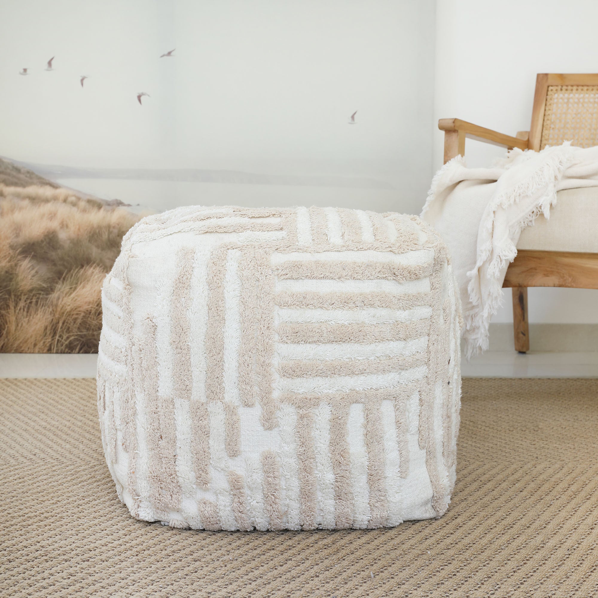 18" Beige Cotton Cube Striped Pouf Ottoman