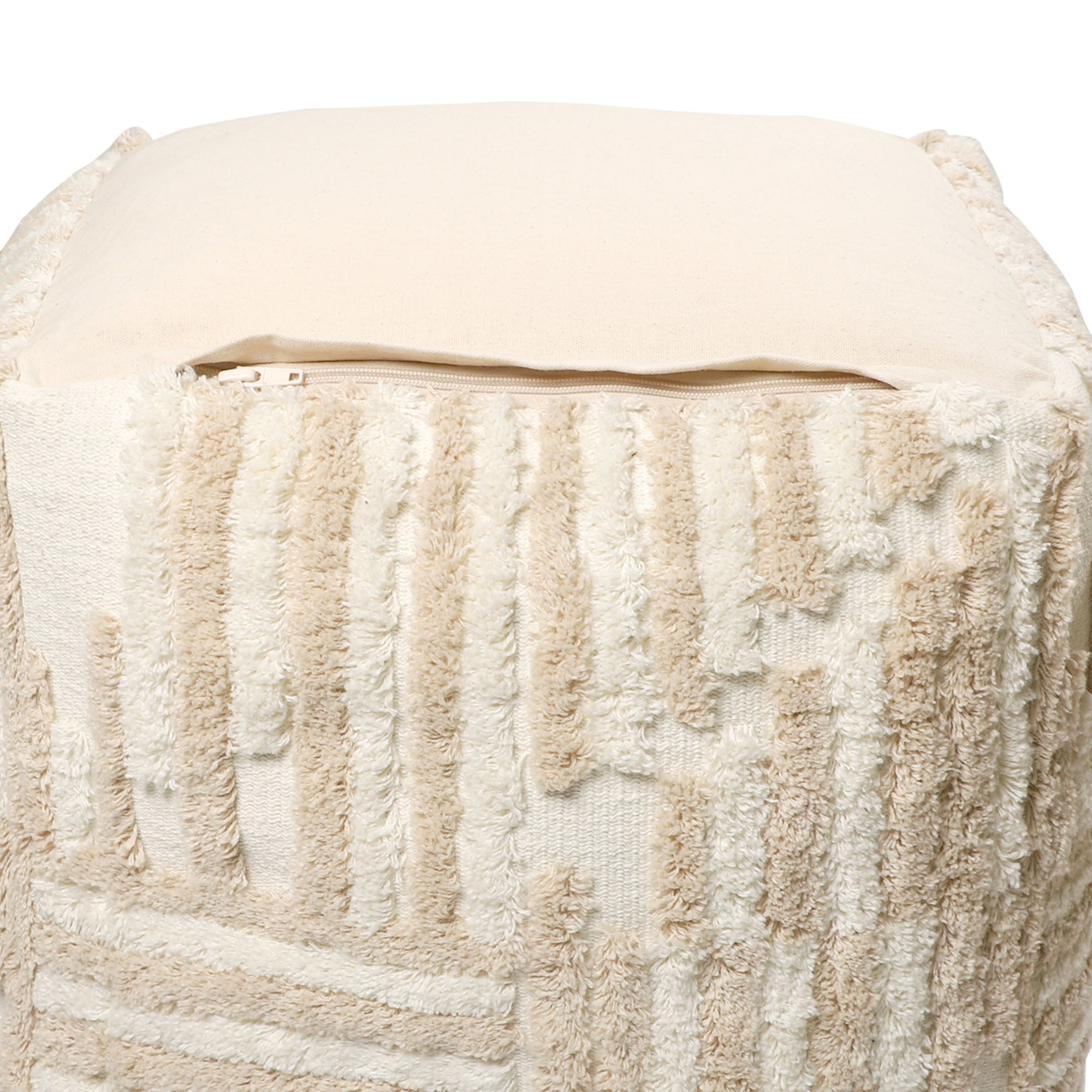 18" Beige Cotton Cube Striped Pouf Ottoman