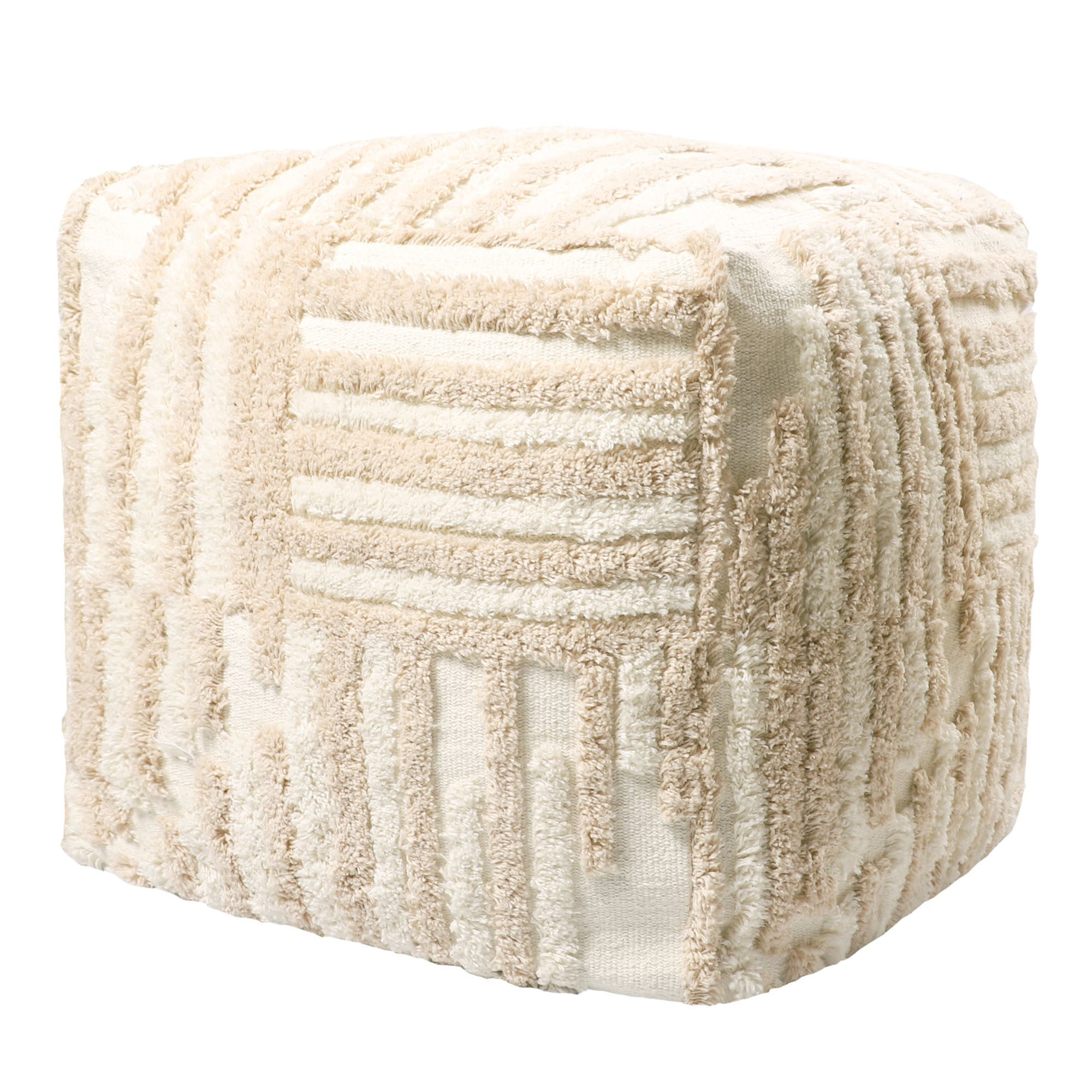 18" Beige Cotton Cube Striped Pouf Ottoman