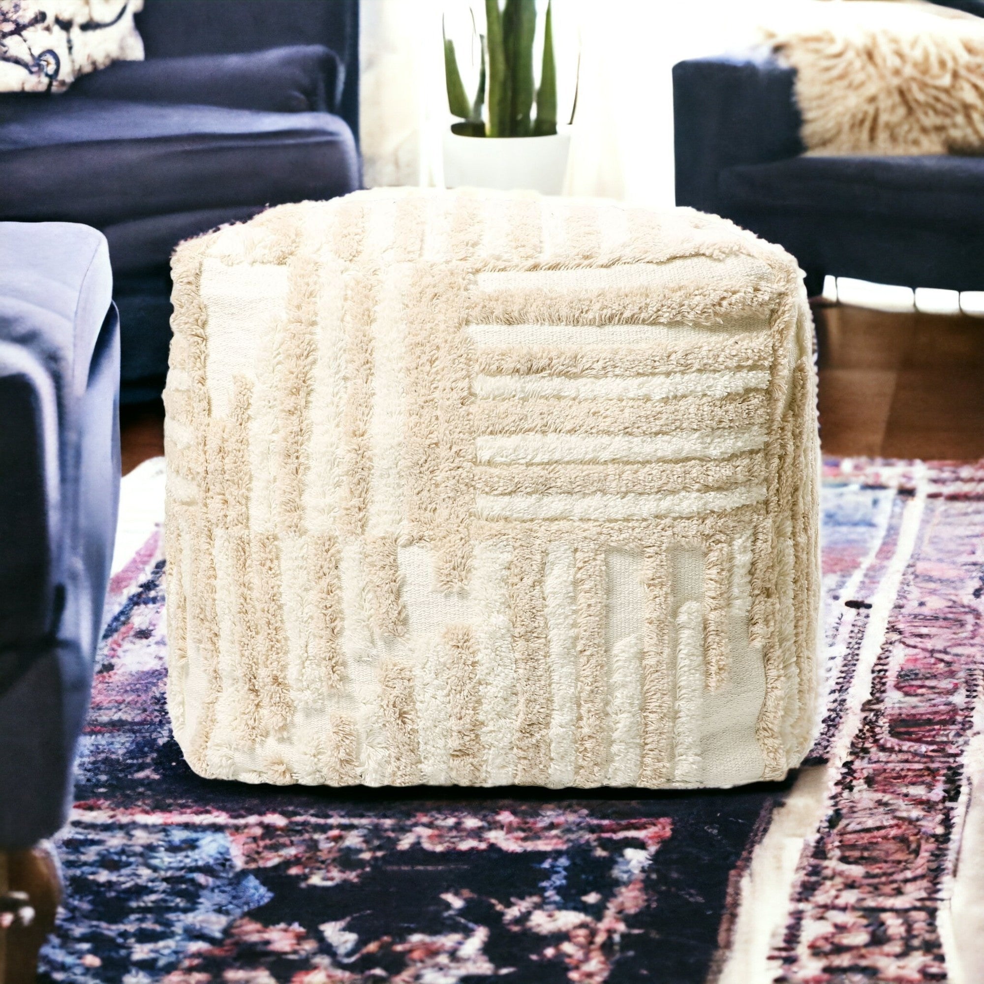 18" Beige Cotton Cube Striped Pouf Ottoman