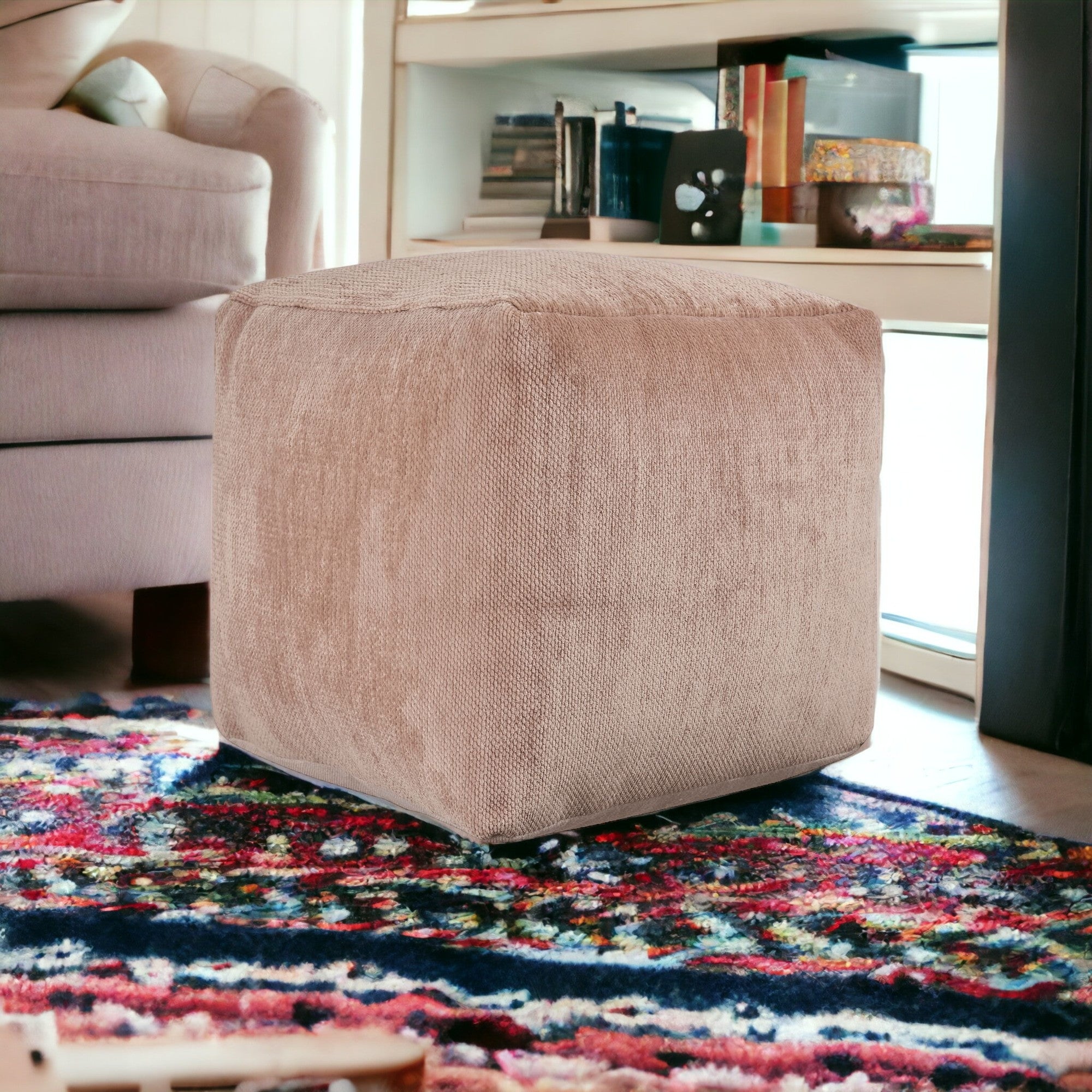 18" Beige Chenille Cube Pouf Ottoman