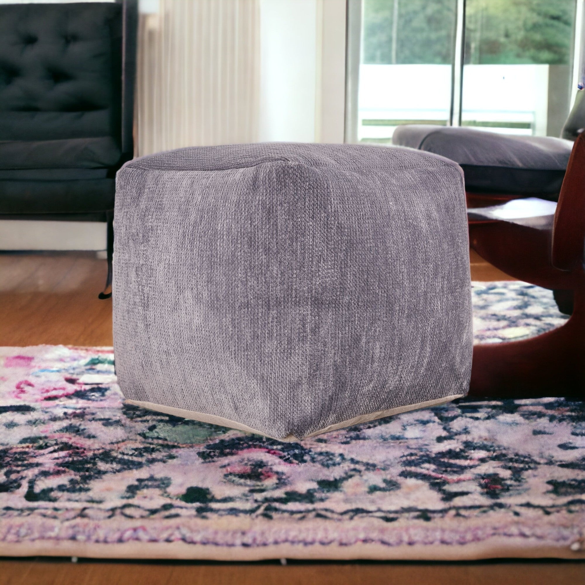 18" Gray Chenille Cube Pouf Ottoman