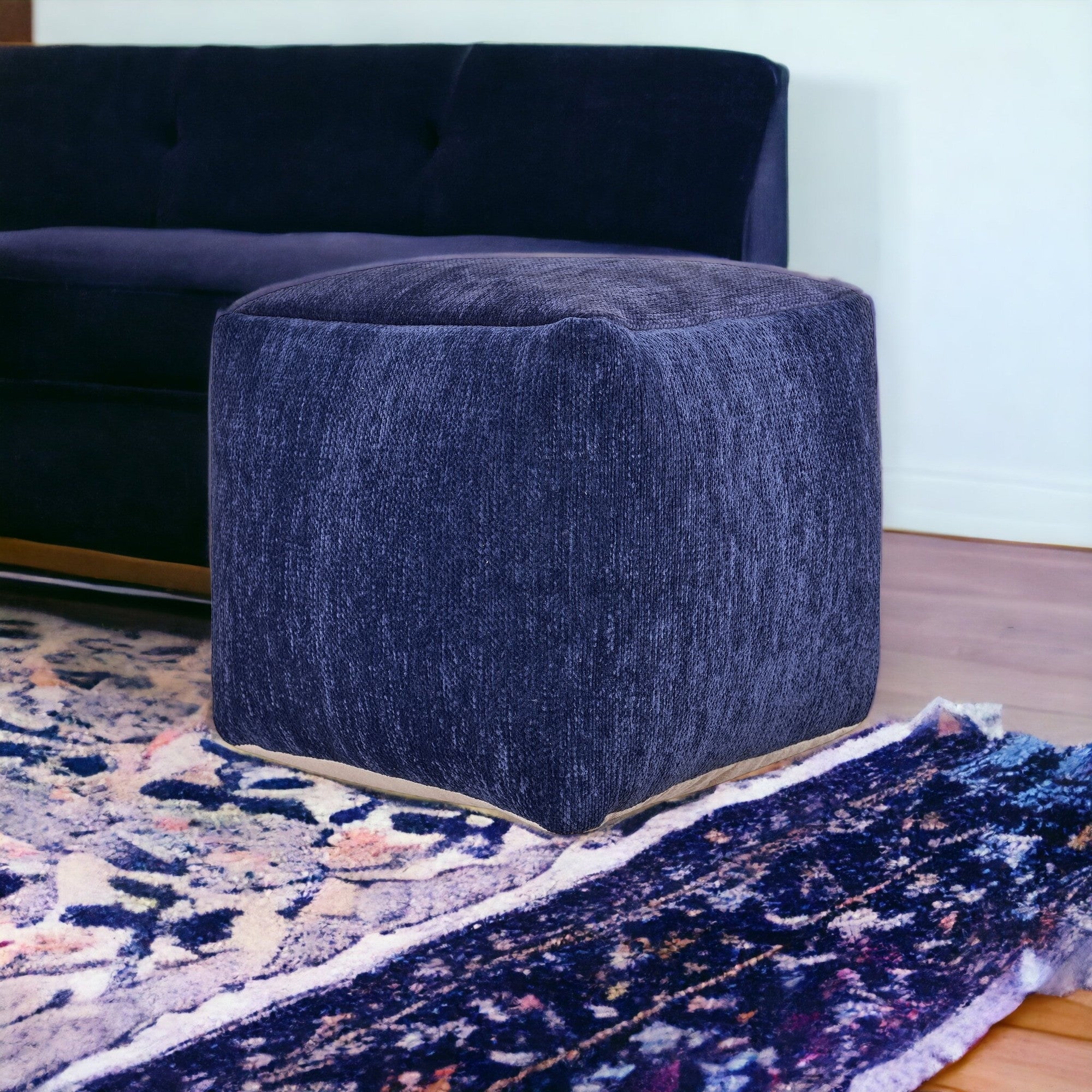 18" Blue Chenille Cube Pouf Ottoman