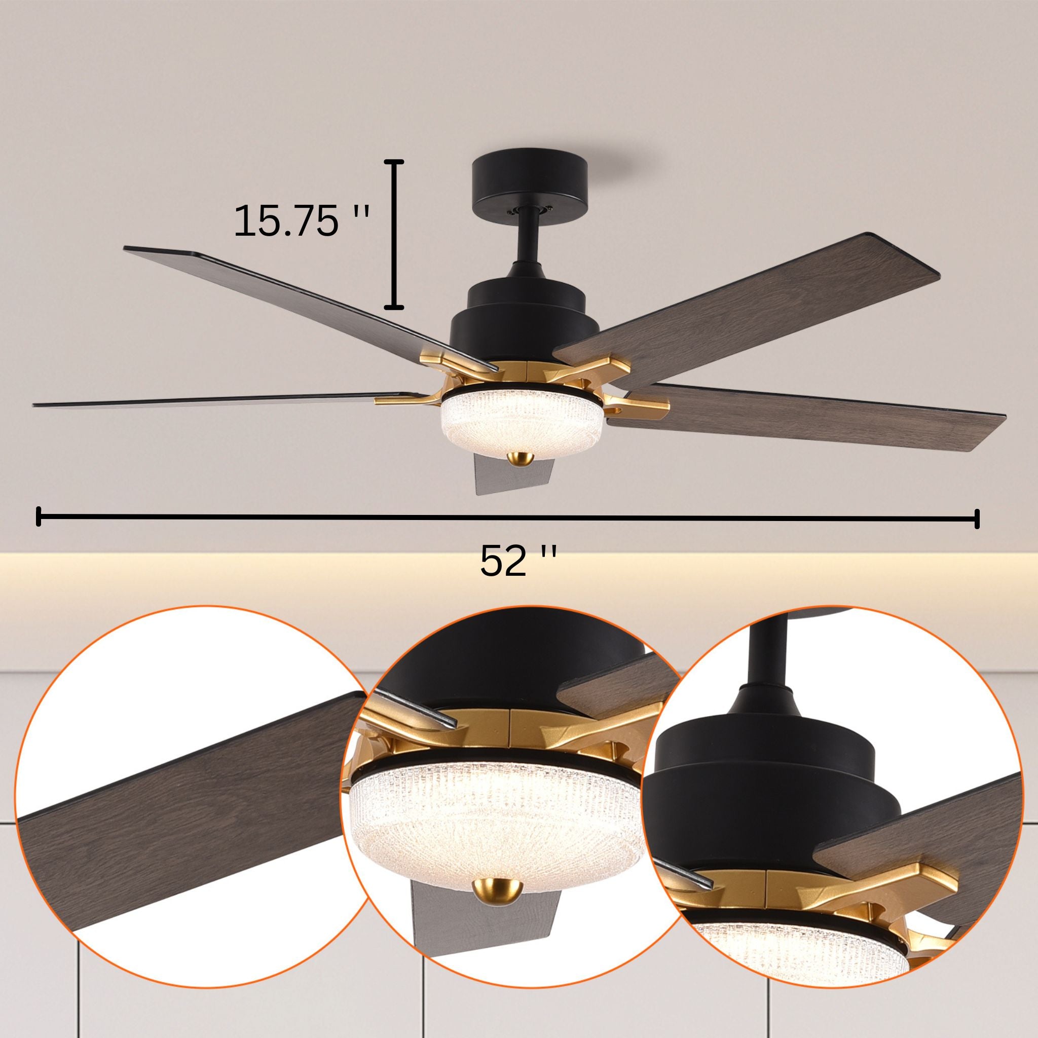 52" Black and Gold And Dark Brown Propeller Five Blade Dimmable Remote Control Integrated Light Ceiling Fan