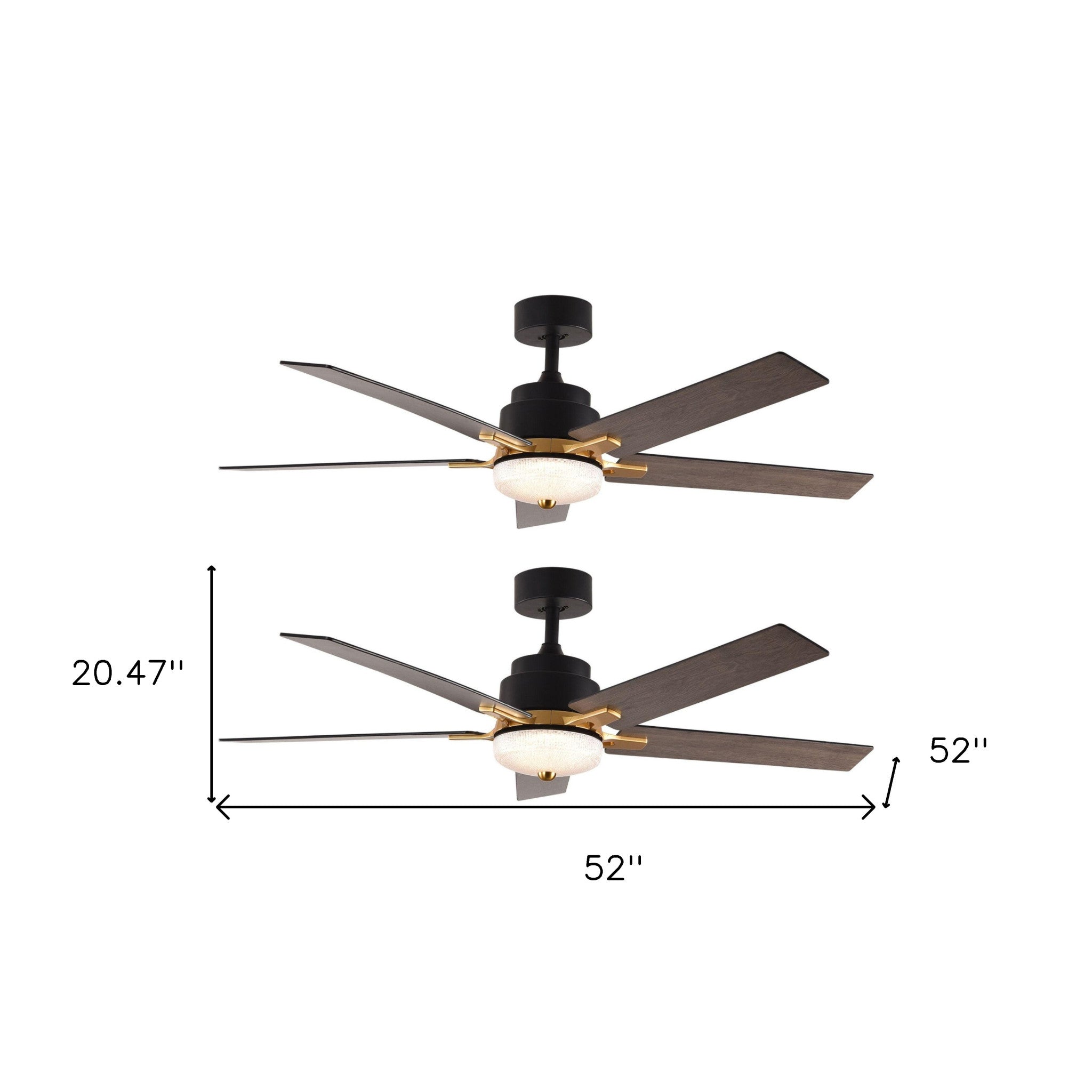 52" Black and Gold And Dark Brown Propeller Five Blade Dimmable Remote Control Integrated Light Ceiling Fan