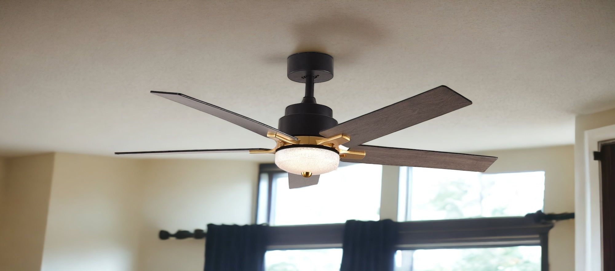 52" Black and Gold And Dark Brown Propeller Five Blade Dimmable Remote Control Integrated Light Ceiling Fan