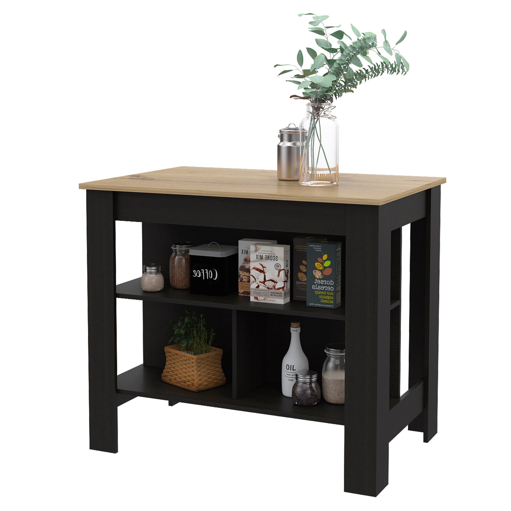 Black and Oak 41" Kitchen Island With Storage