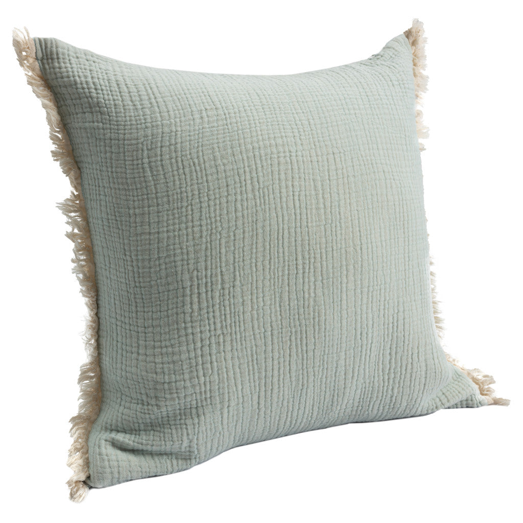 20" X 20" Green Cotton Zippered Down Pillow With Fringe