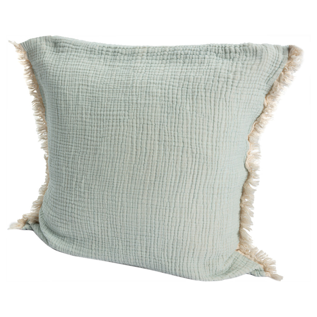 20" X 20" Green Cotton Zippered Down Pillow With Fringe