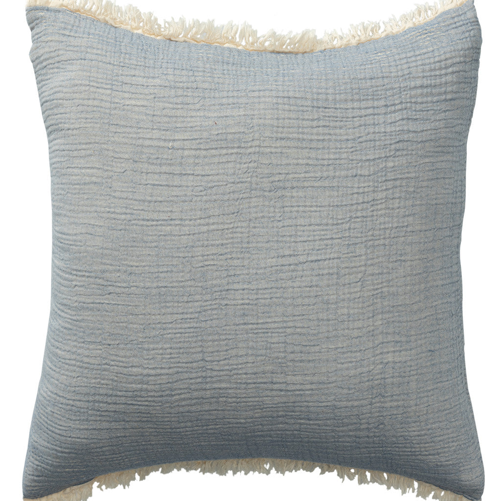 20" X 20" Blue Cotton Zippered Down Pillow With Fringe