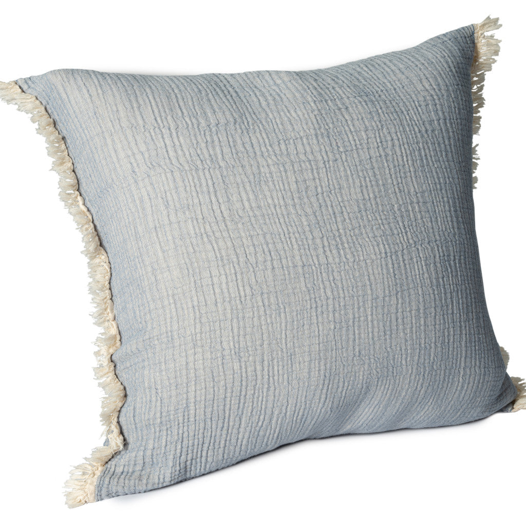 20" X 20" Blue Cotton Zippered Down Pillow With Fringe