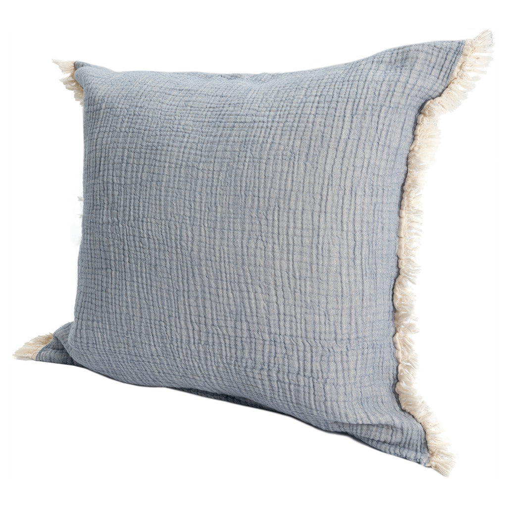 20" X 20" Blue Cotton Zippered Down Pillow With Fringe