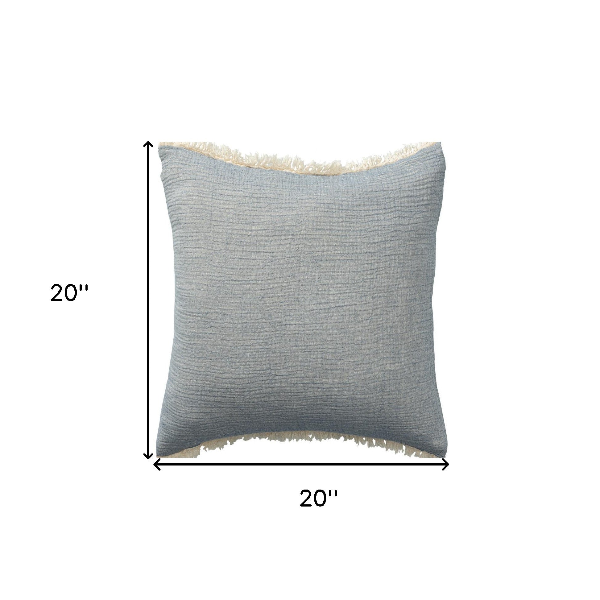 20" X 20" Blue Cotton Zippered Down Pillow With Fringe