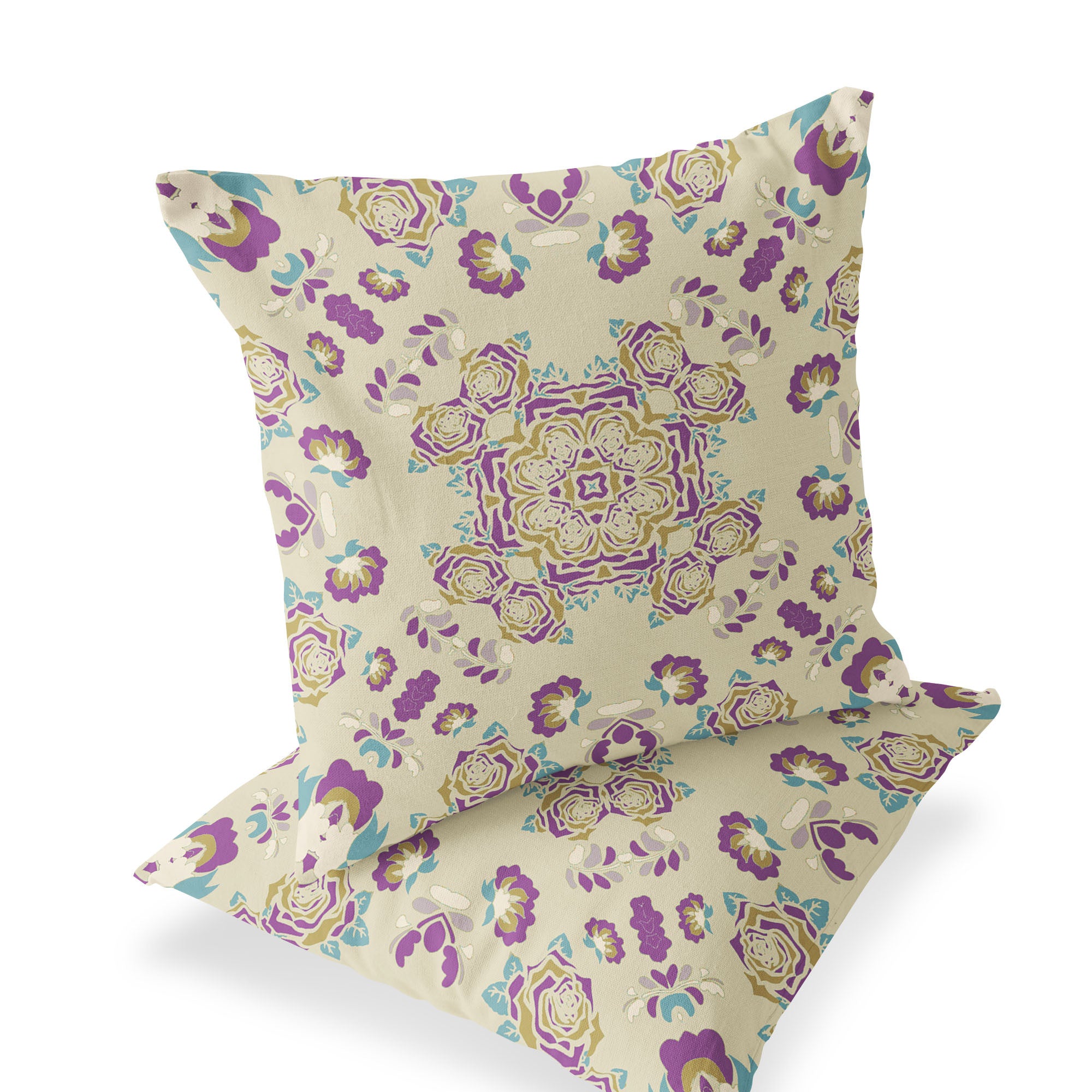 Set of Two 16" X 16" Beige and Purple Blown Seam Floral Indoor Outdoor Throw Pillow