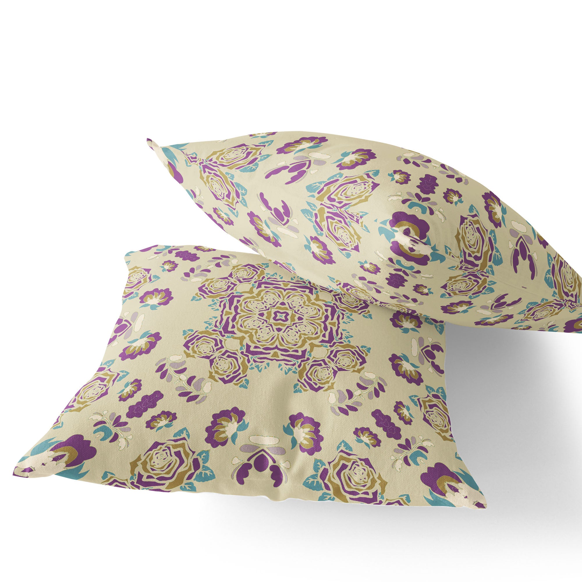 Set of Two 16" X 16" Beige and Purple Blown Seam Floral Indoor Outdoor Throw Pillow