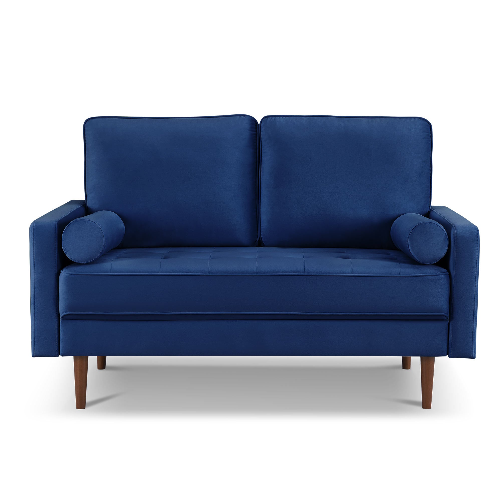 57" Blue and Dark Brown Velvet Love Seat and Toss Pillows