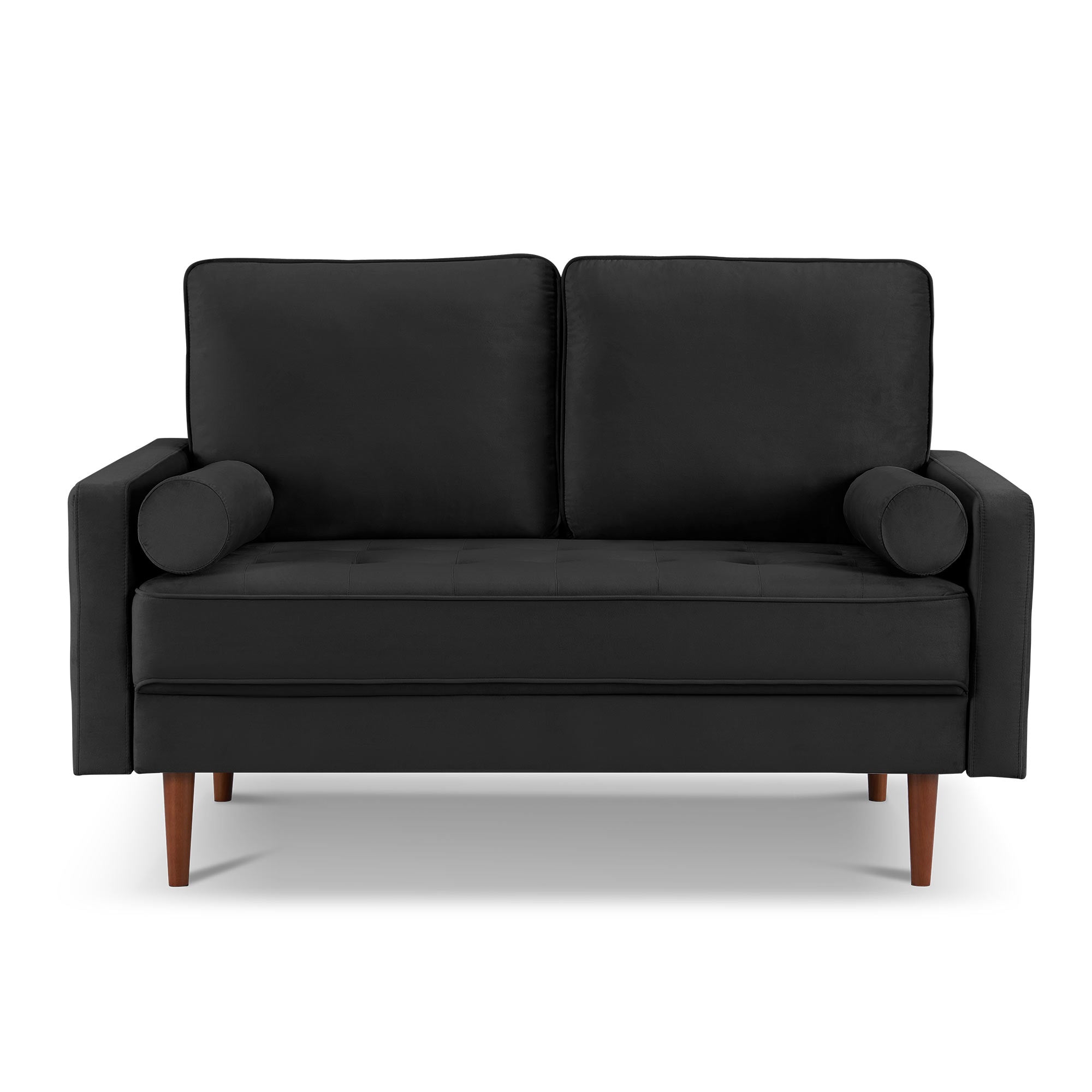 57" Black and Dark Brown Velvet Love Seat and Toss Pillows