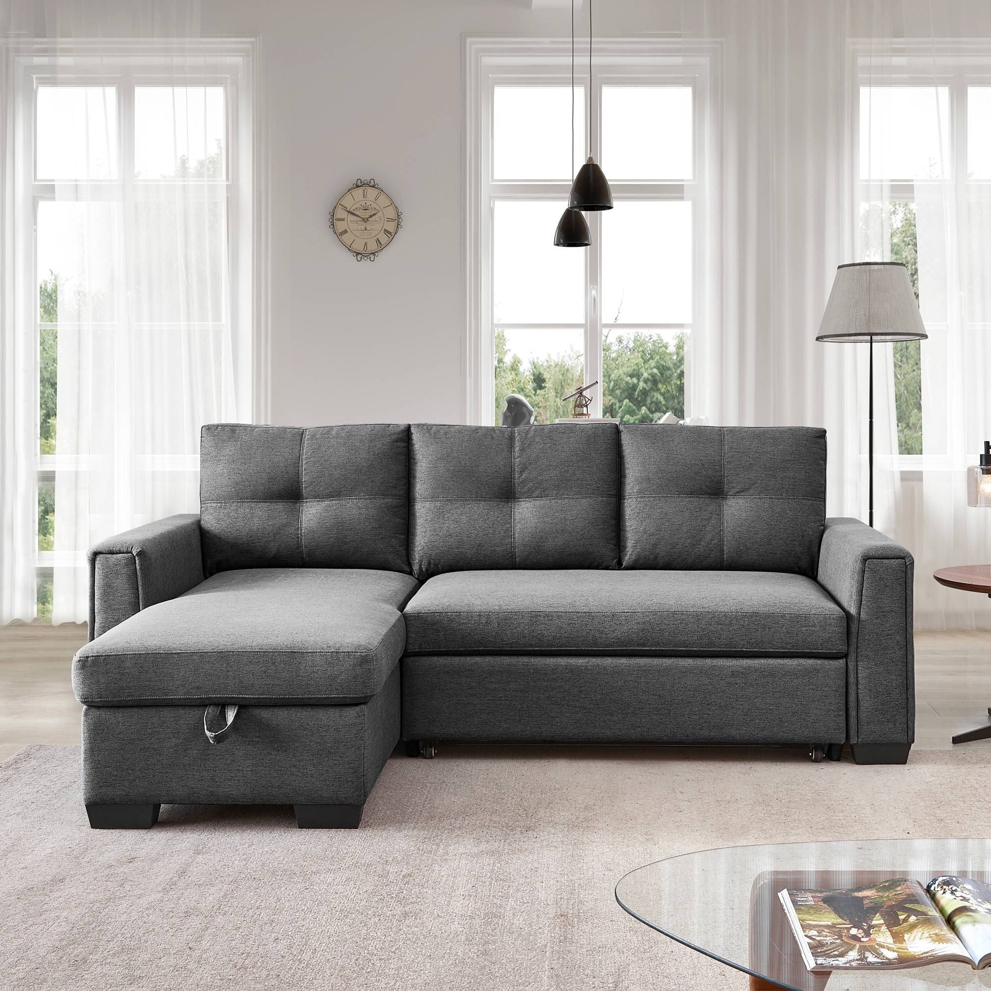 92" Dark Gray Polyester Blend and Black Convertible Futon Sleeper Sofa