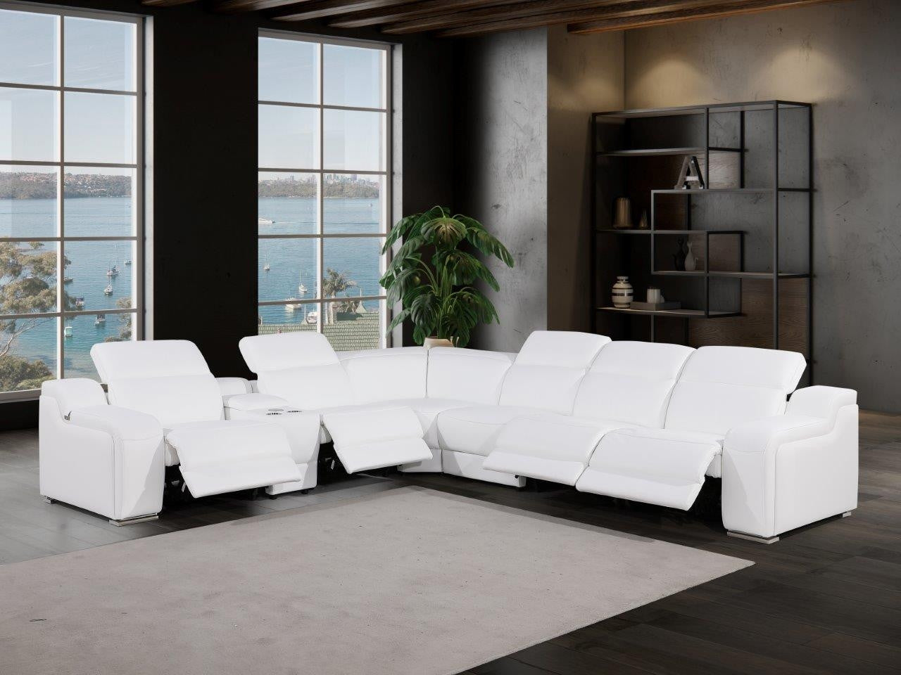 White Italian Leather Power Reclining Curved Seven Piece Corner Sectional With Console