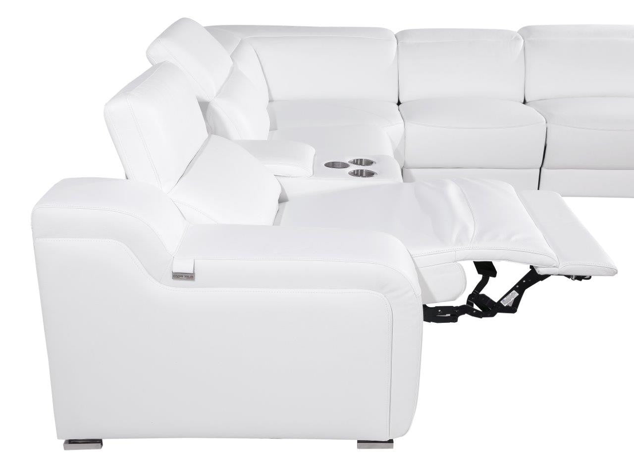 White Italian Leather Power Reclining Curved Seven Piece Corner Sectional With Console