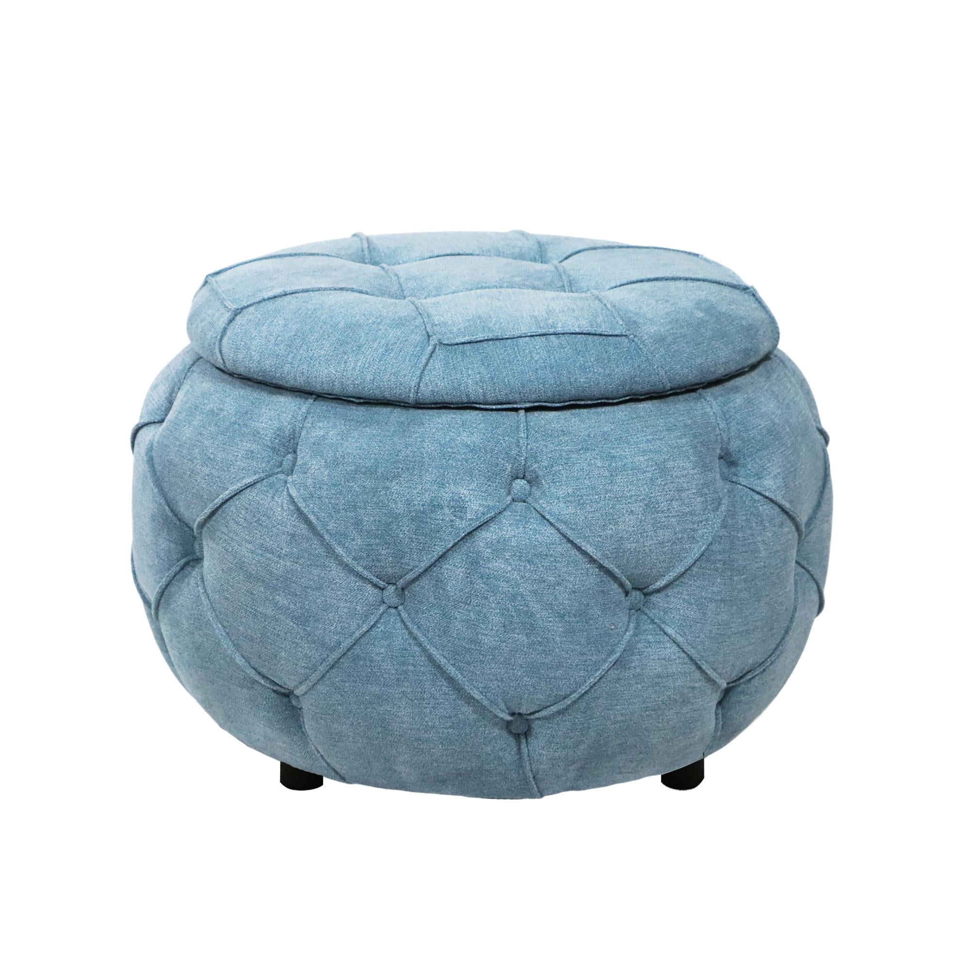 Large Button Tufted Woven Round Storage Footstool。Suitable For Living Room, Bedroom, Study