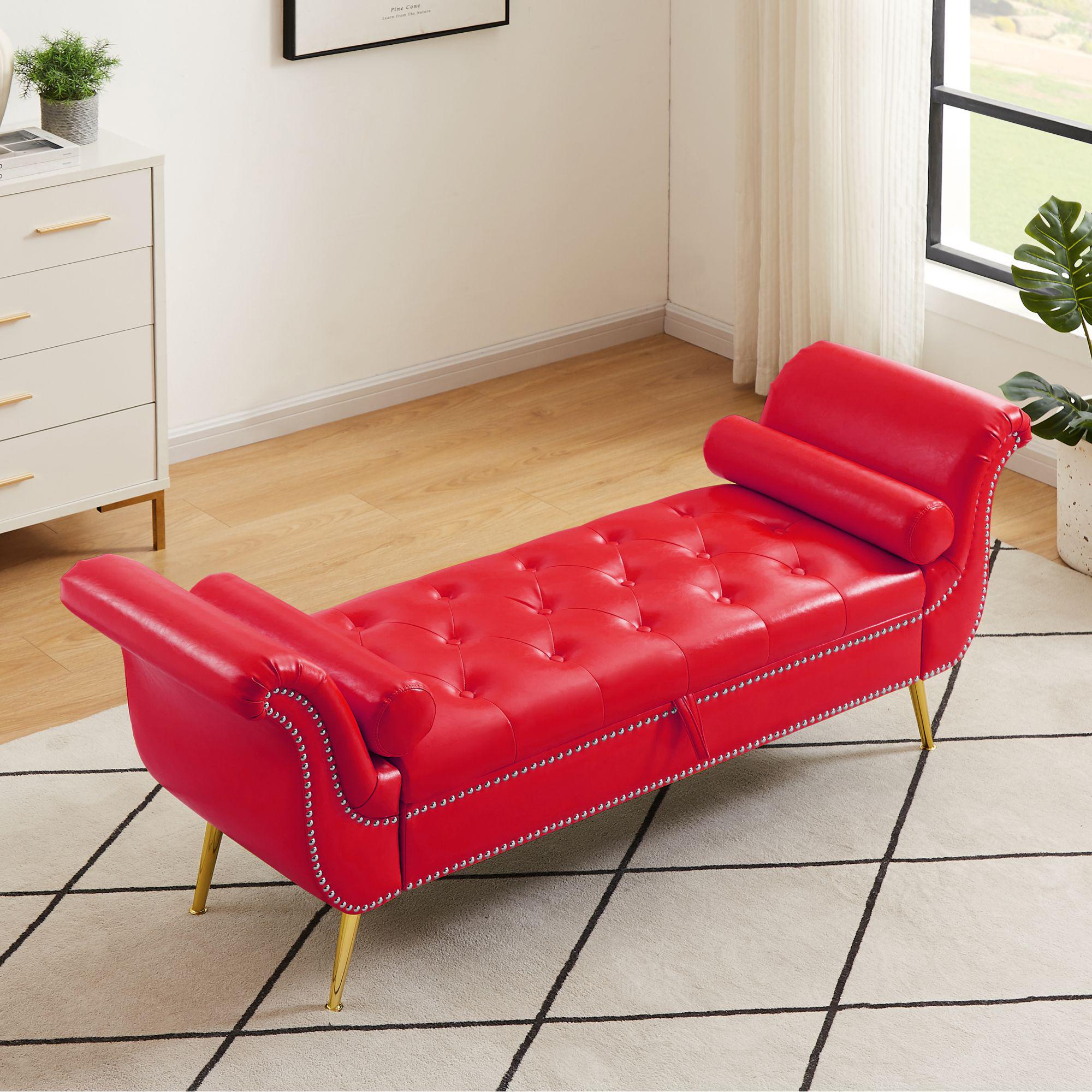 Sitting Bench Pu Leather With Storage Space And 2 Pillows Hardware Feet