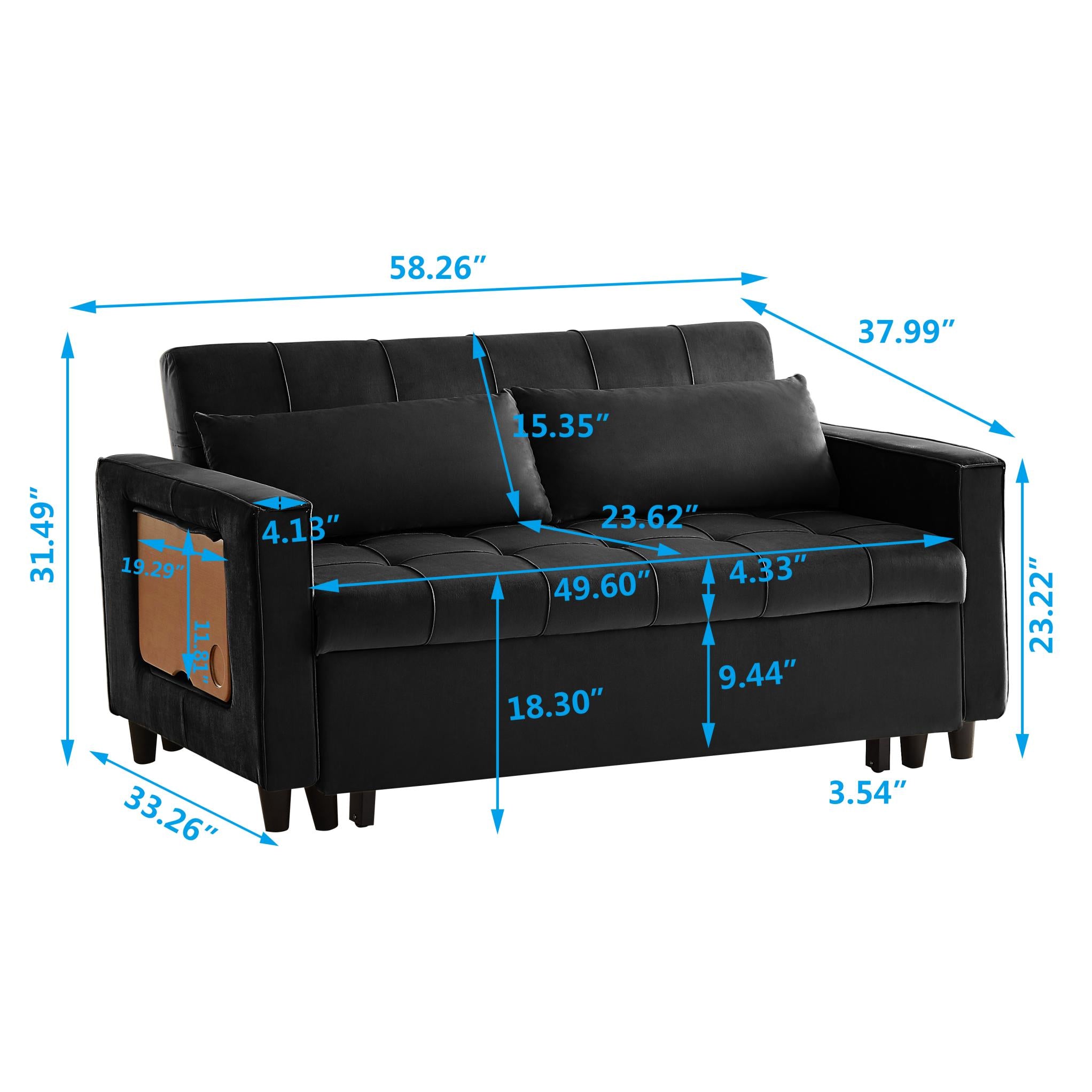 Modern Velvet 3-Seater Sofa Bed With Solid Wood Frame