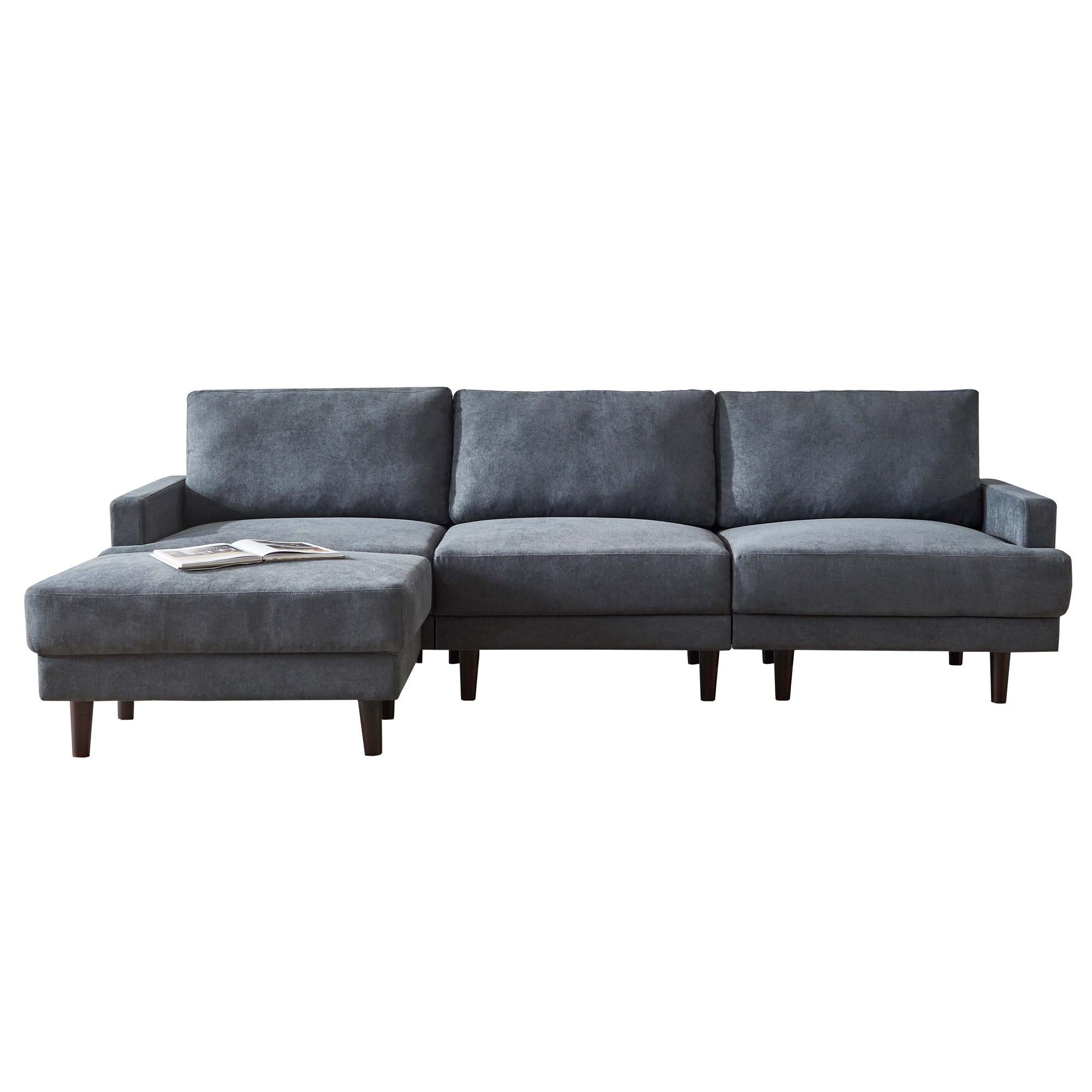 Modern Fabric Sofa L Shape, 3 Seater With Ottoman-104.6"-Dark Gray