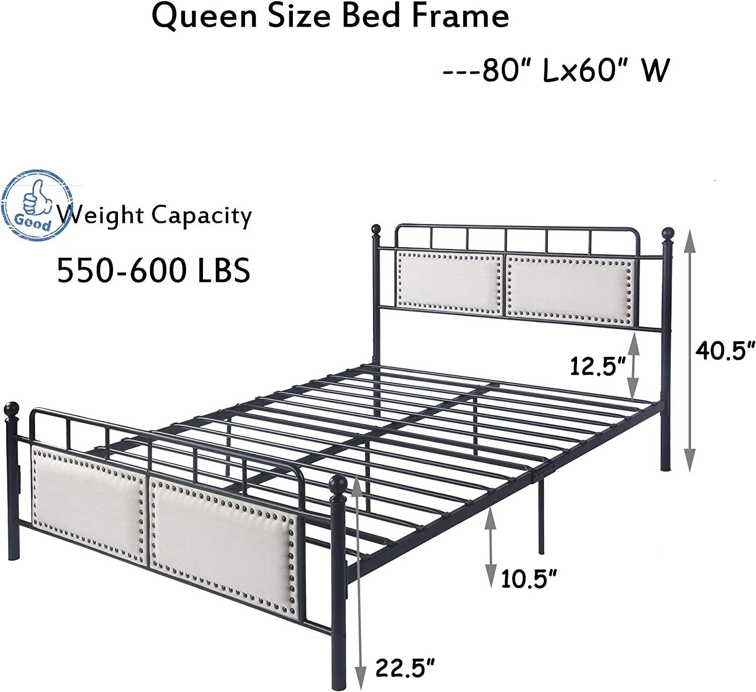 Metal Queen Bed Frame With Upholstered Headboard & Footboard Heavy Duty Platform Bed Frame Steel Sla