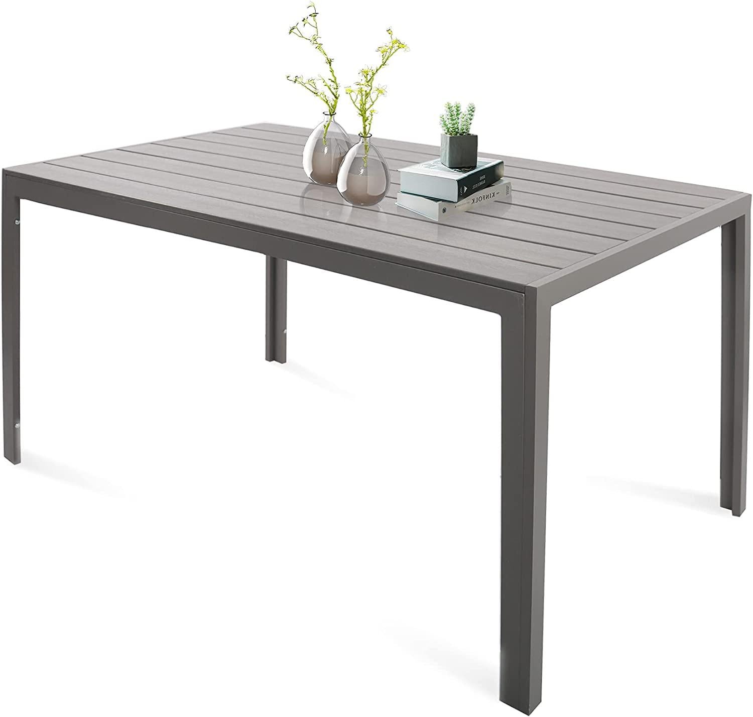 Outdoor Patio 55" Rectangular Dining Table For 6 Metal Aluminum Frame With Grey Wood Look