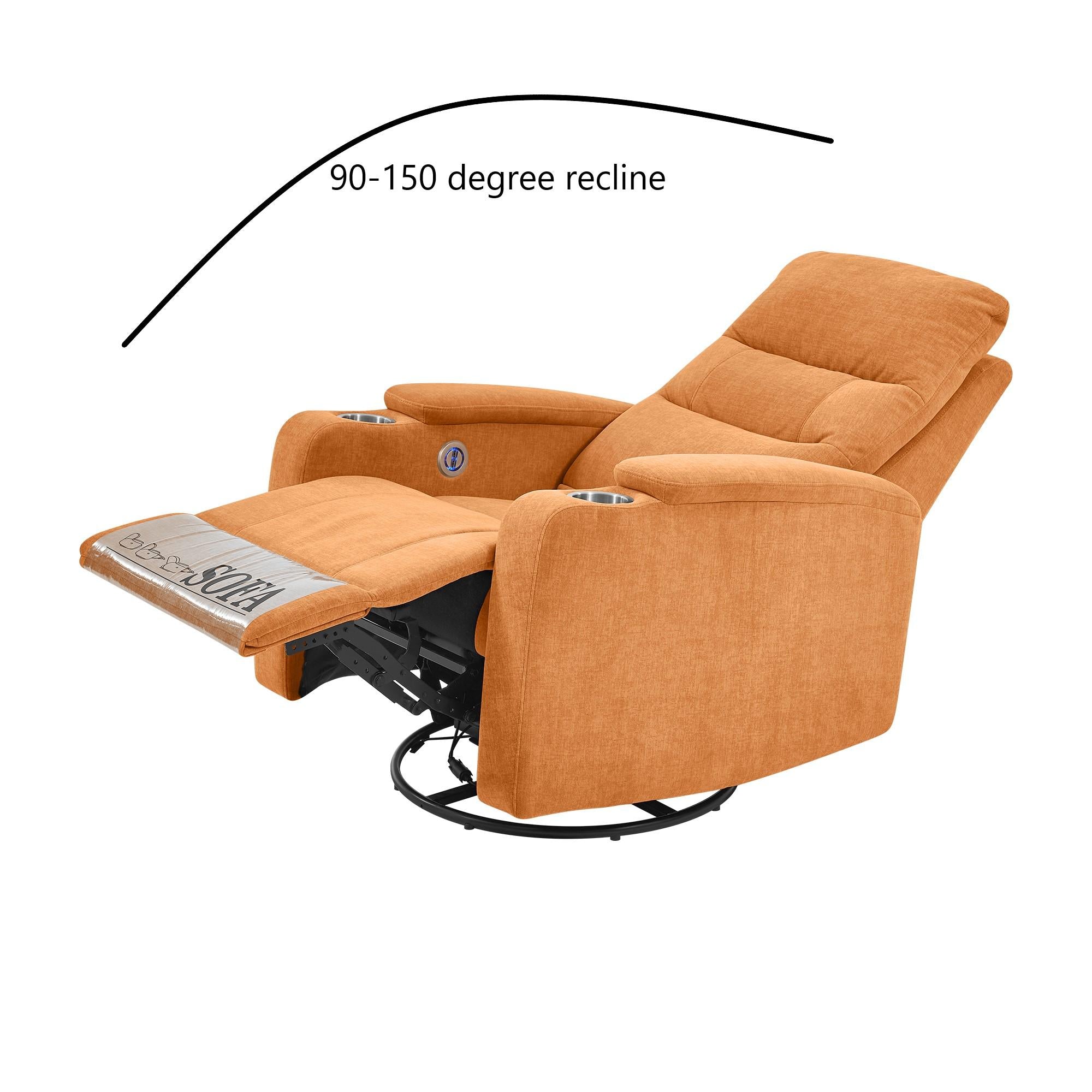 Swivel Rocking Recliner Sofa Chair With Usb Charge Port & Cup Holder For Living Room, Bedroom,Light Orange